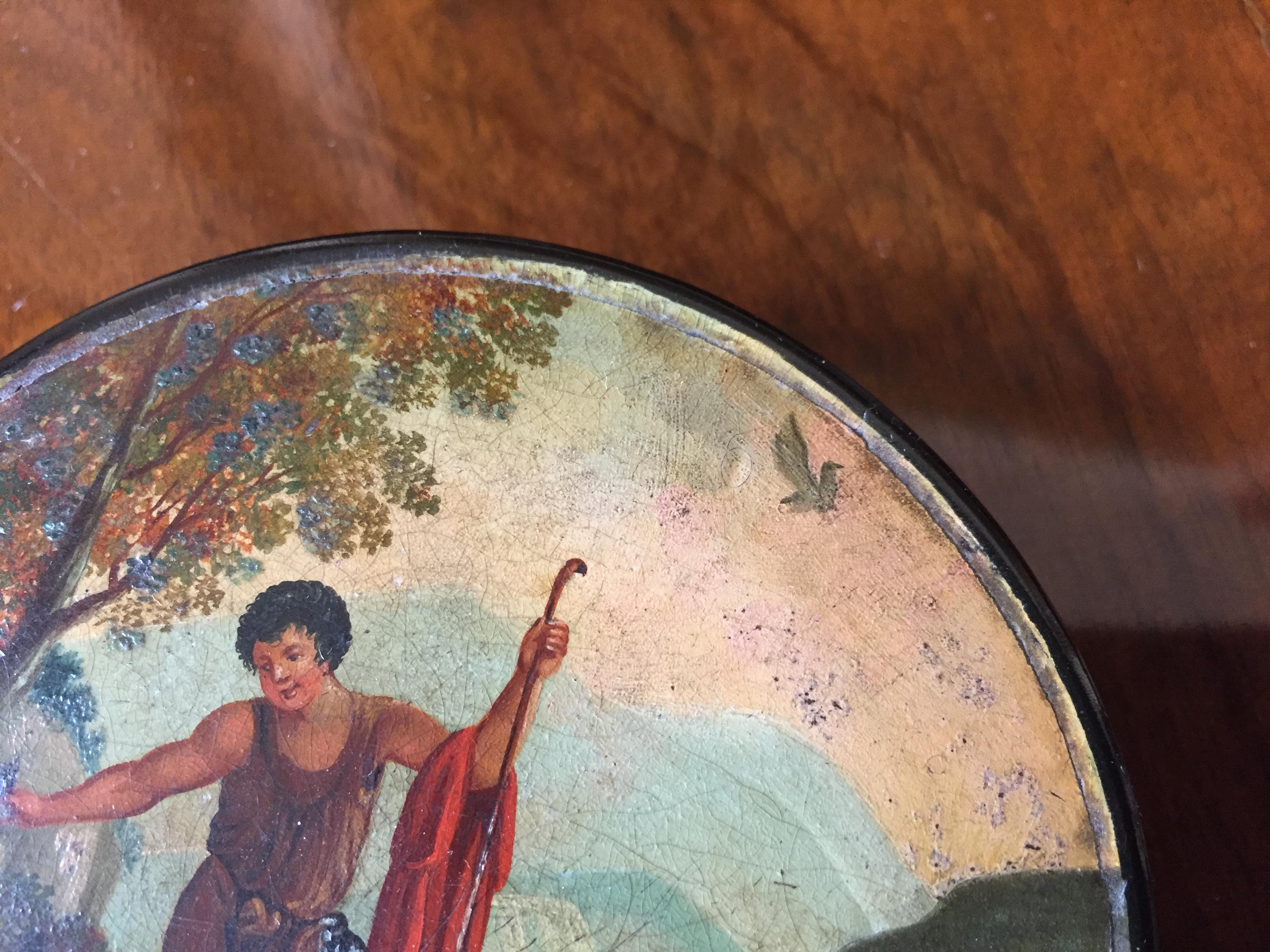 19th Century French Papier Maché Snuff Box with Landscape and Figures Painting For Sale 4