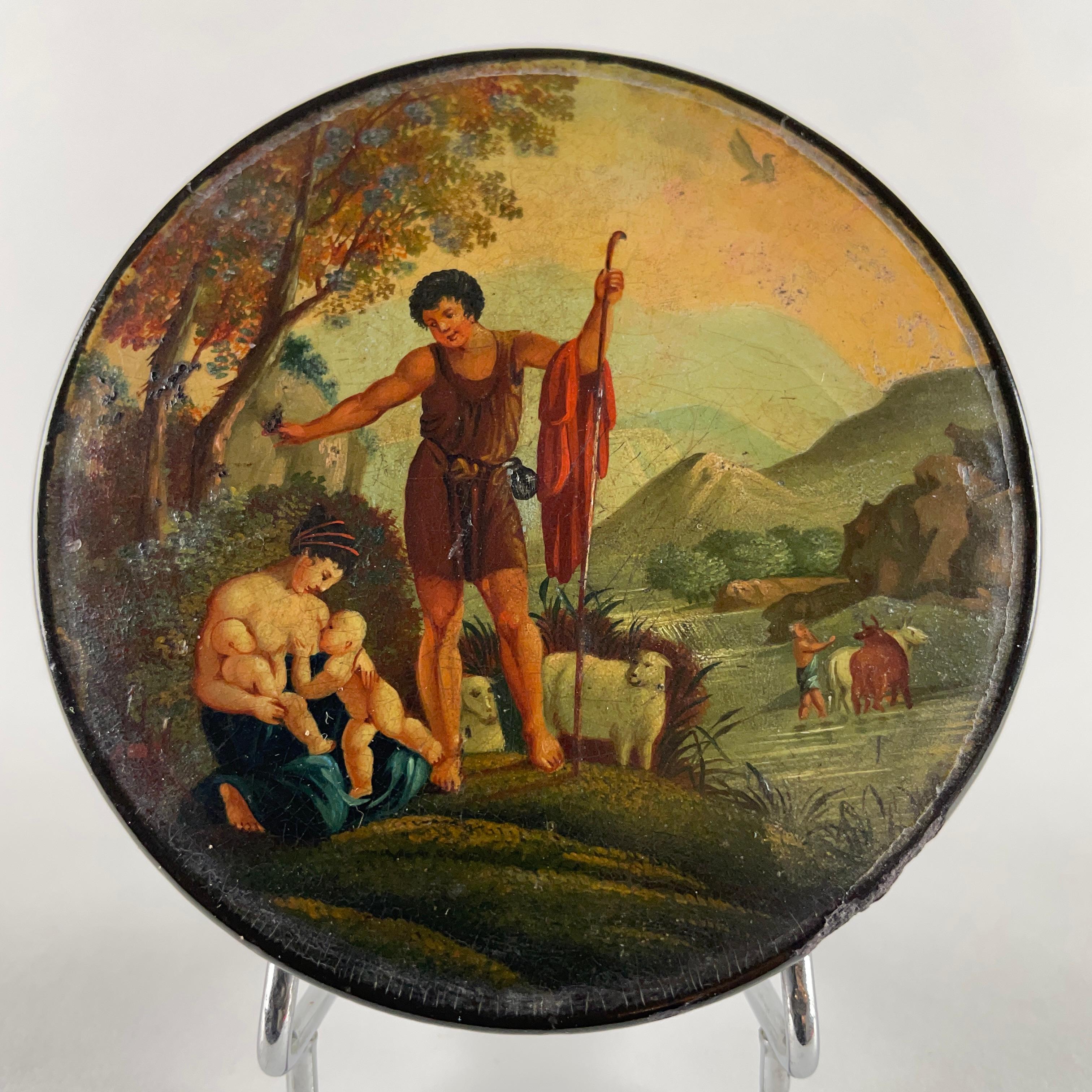 19th Century French Papier Maché Snuff Box with Landscape and Figures Painting For Sale 7