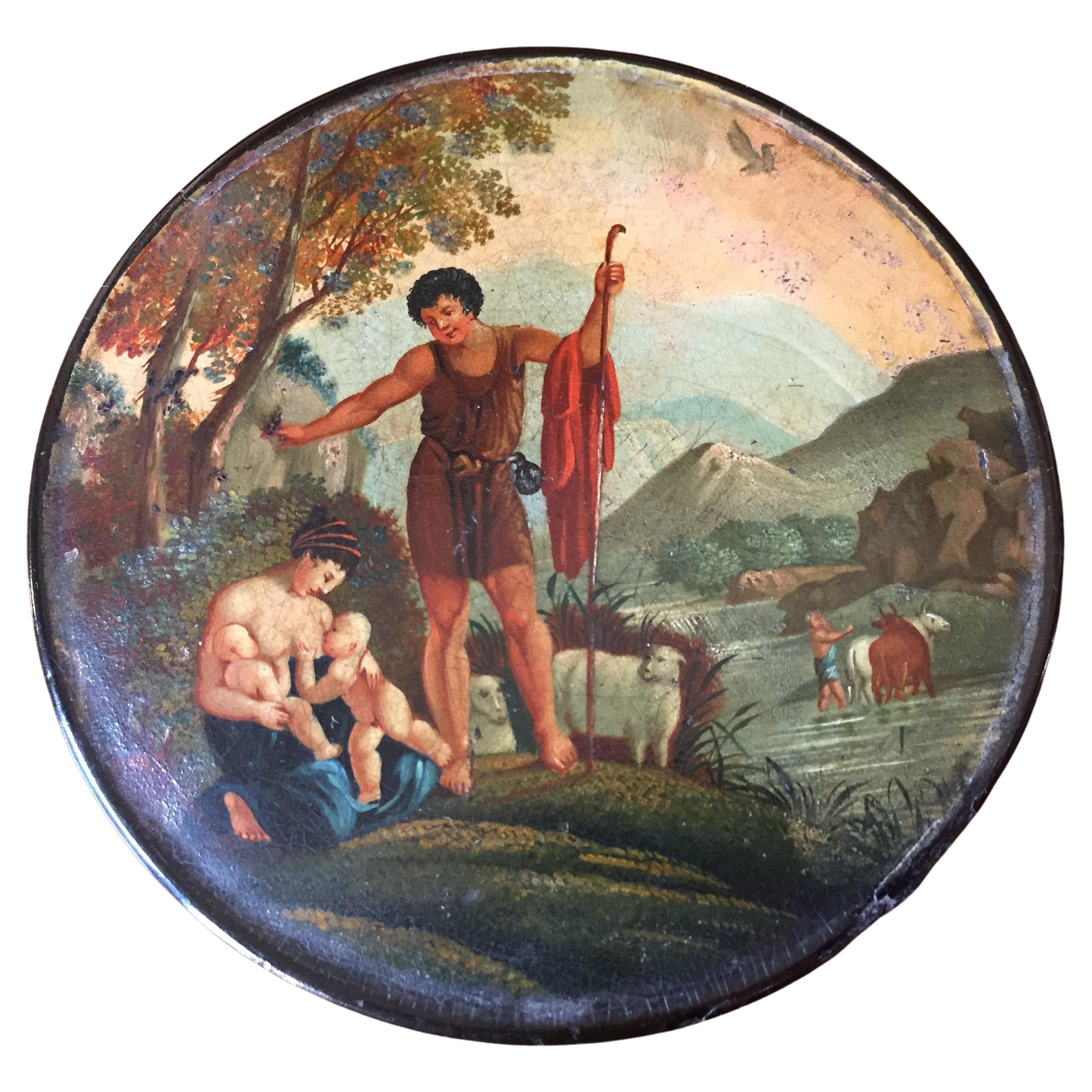 Romantic 19th Century French Papier Maché Snuff Box with Landscape and Figures Painting For Sale