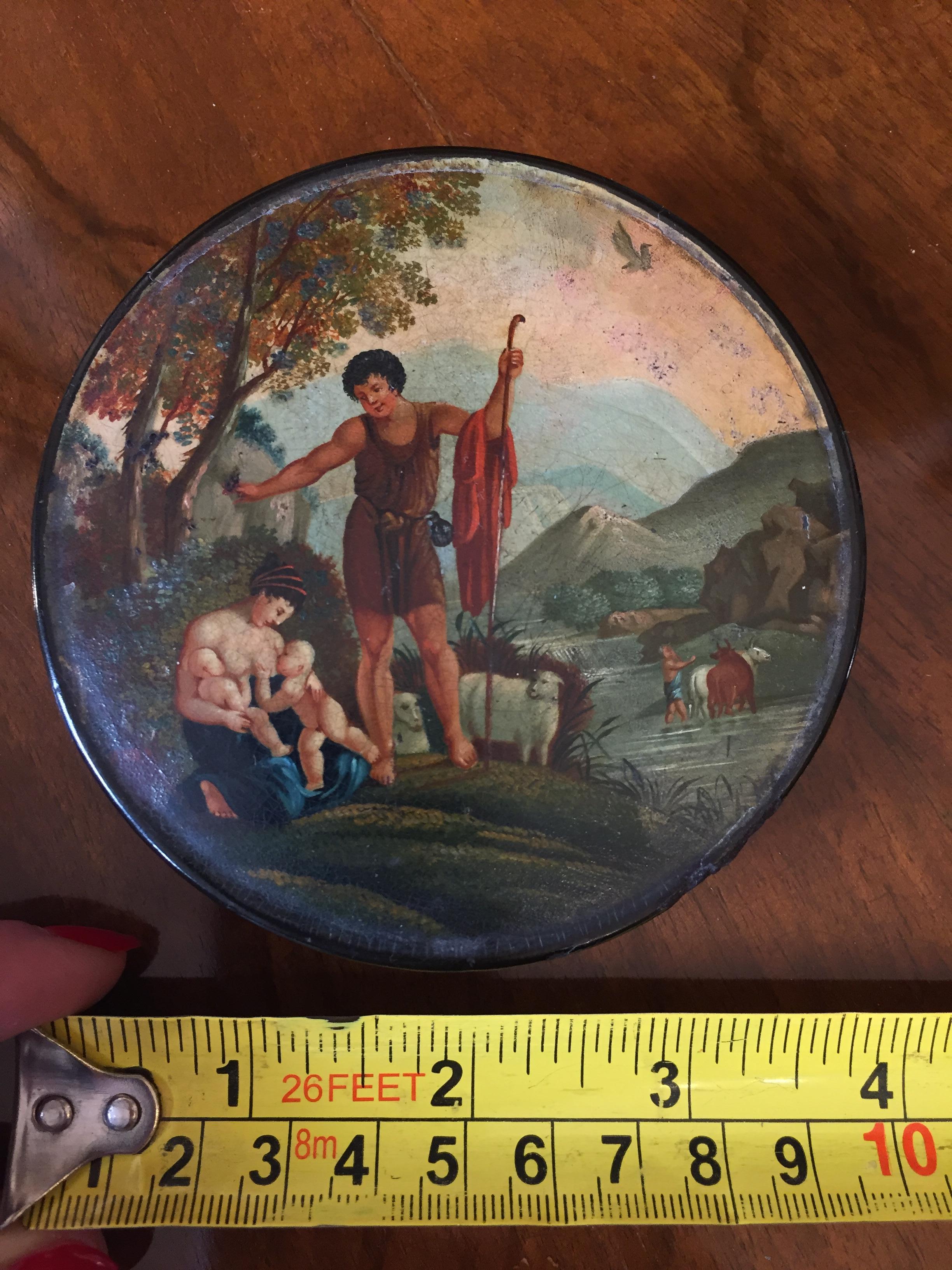 Hand-Painted 19th Century French Papier Maché Snuff Box with Landscape and Figures Painting For Sale