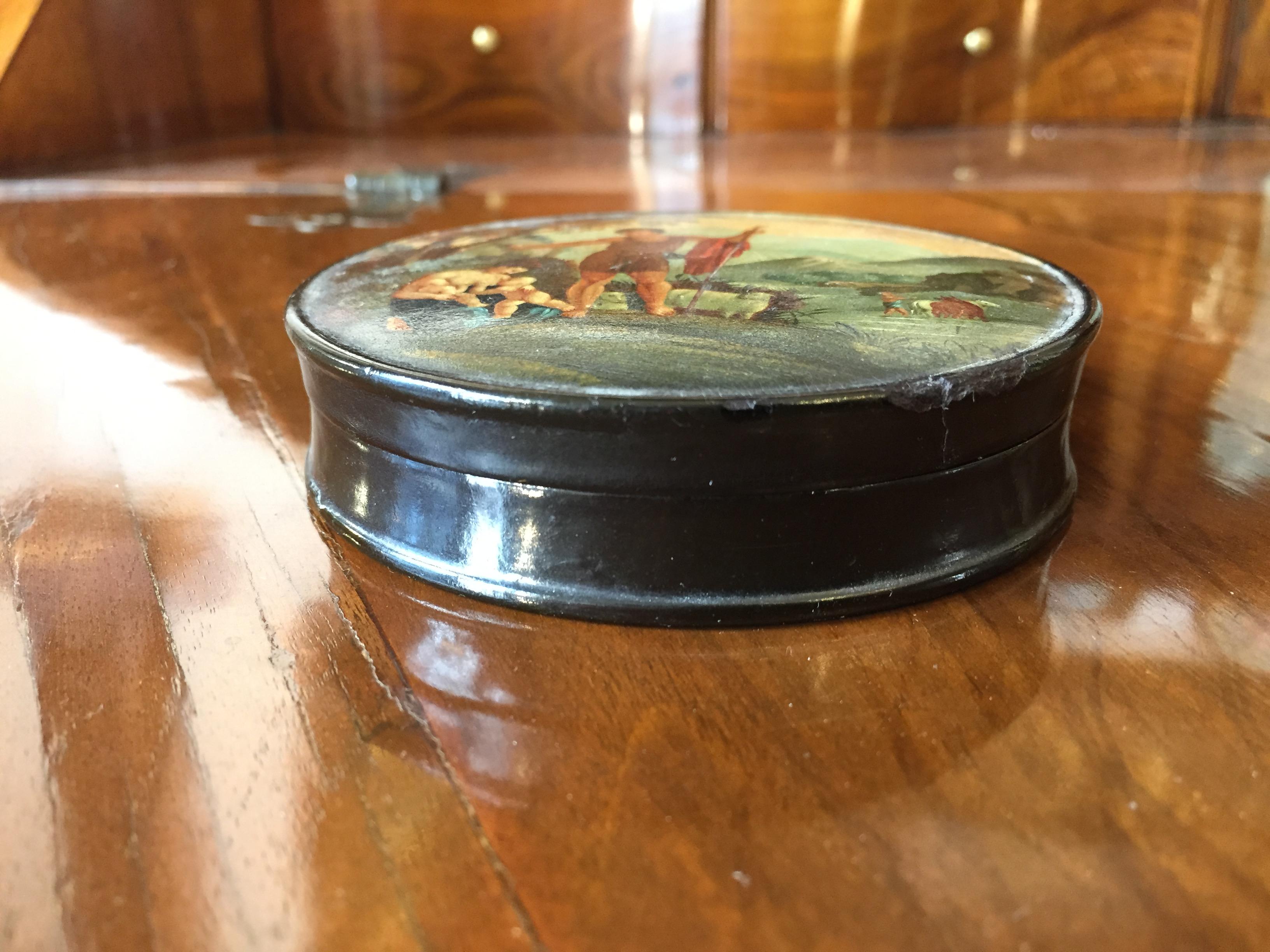 Other 19th Century French Papier Maché Snuff Box with Landscape and Figures Painting For Sale