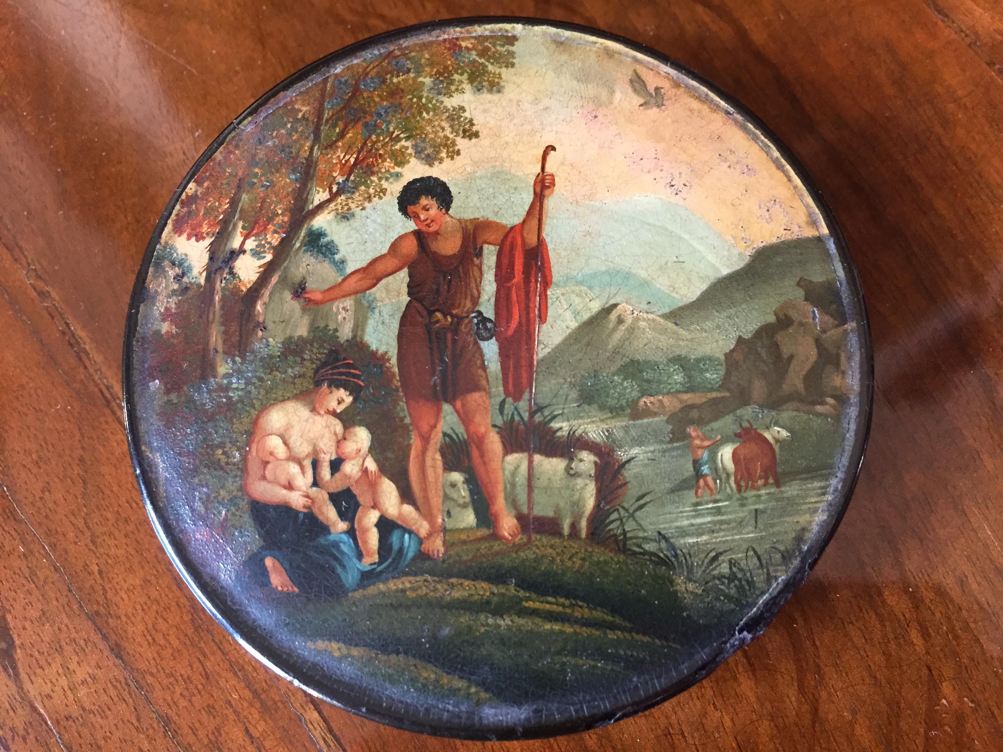 19th Century French Papier Maché Snuff Box with Landscape and Figures Painting For Sale 1