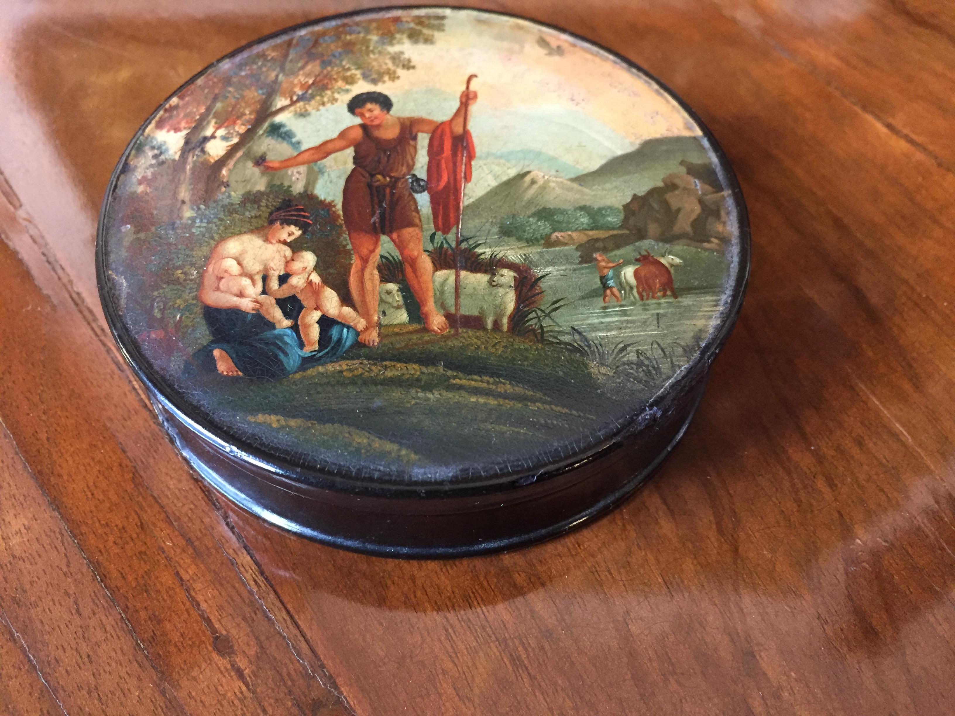 19th Century French Papier Maché Snuff Box with Landscape and Figures Painting For Sale 2