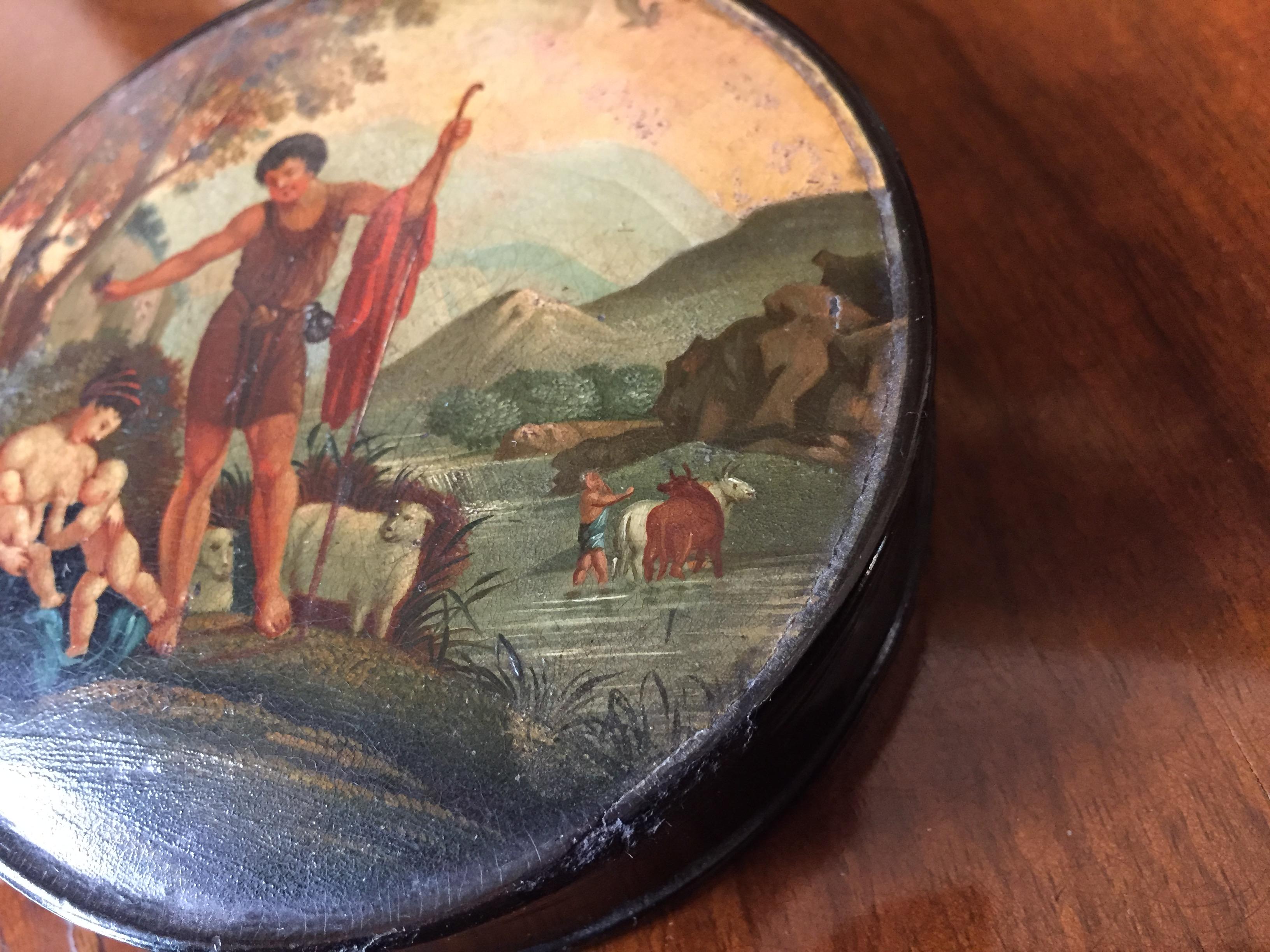 19th Century French Papier Maché Snuff Box with Landscape and Figures Painting For Sale 3