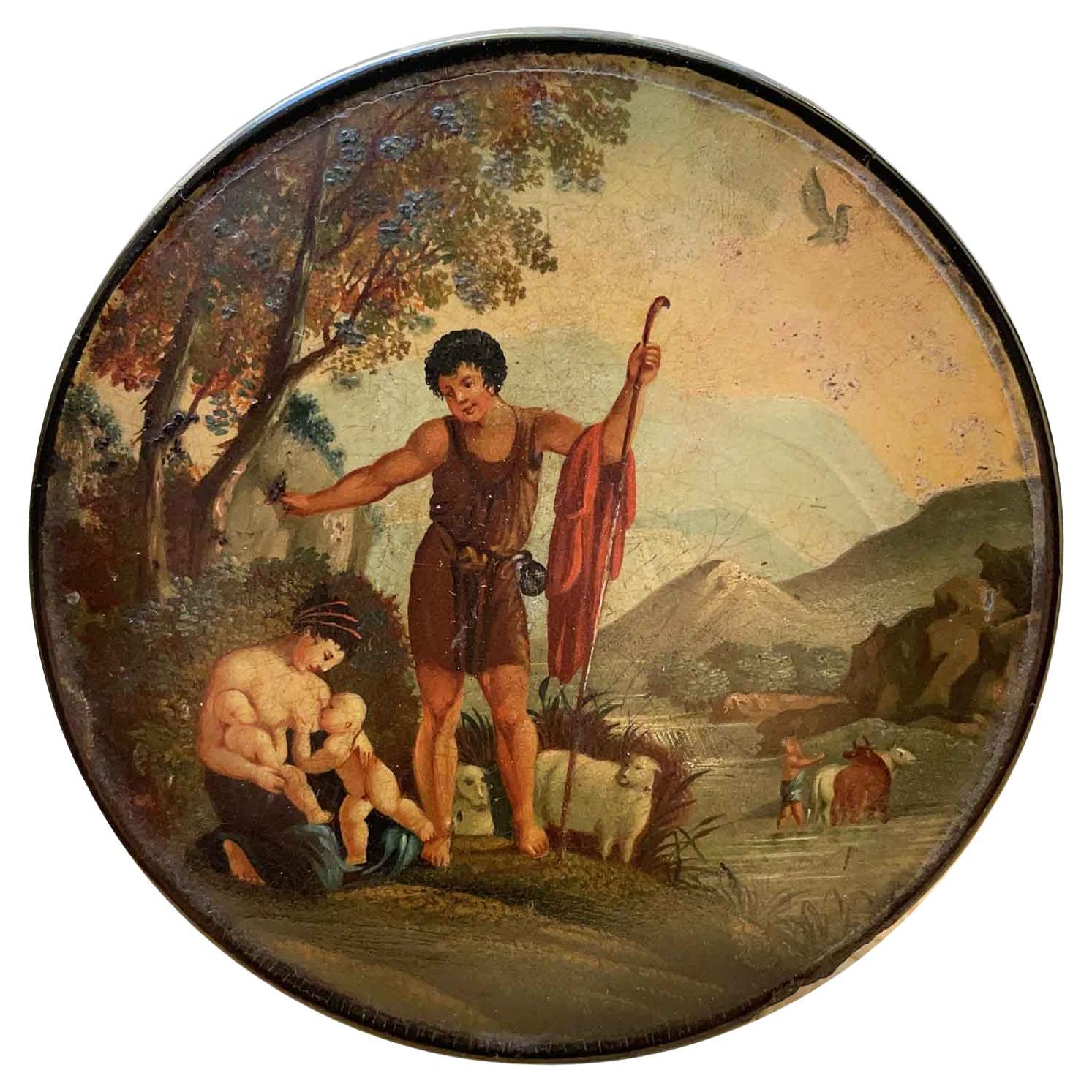 Französische Pappmaché-Schnupftabakdose des 19. Jahrhunderts mit Landschafts- und Figurenmalerei