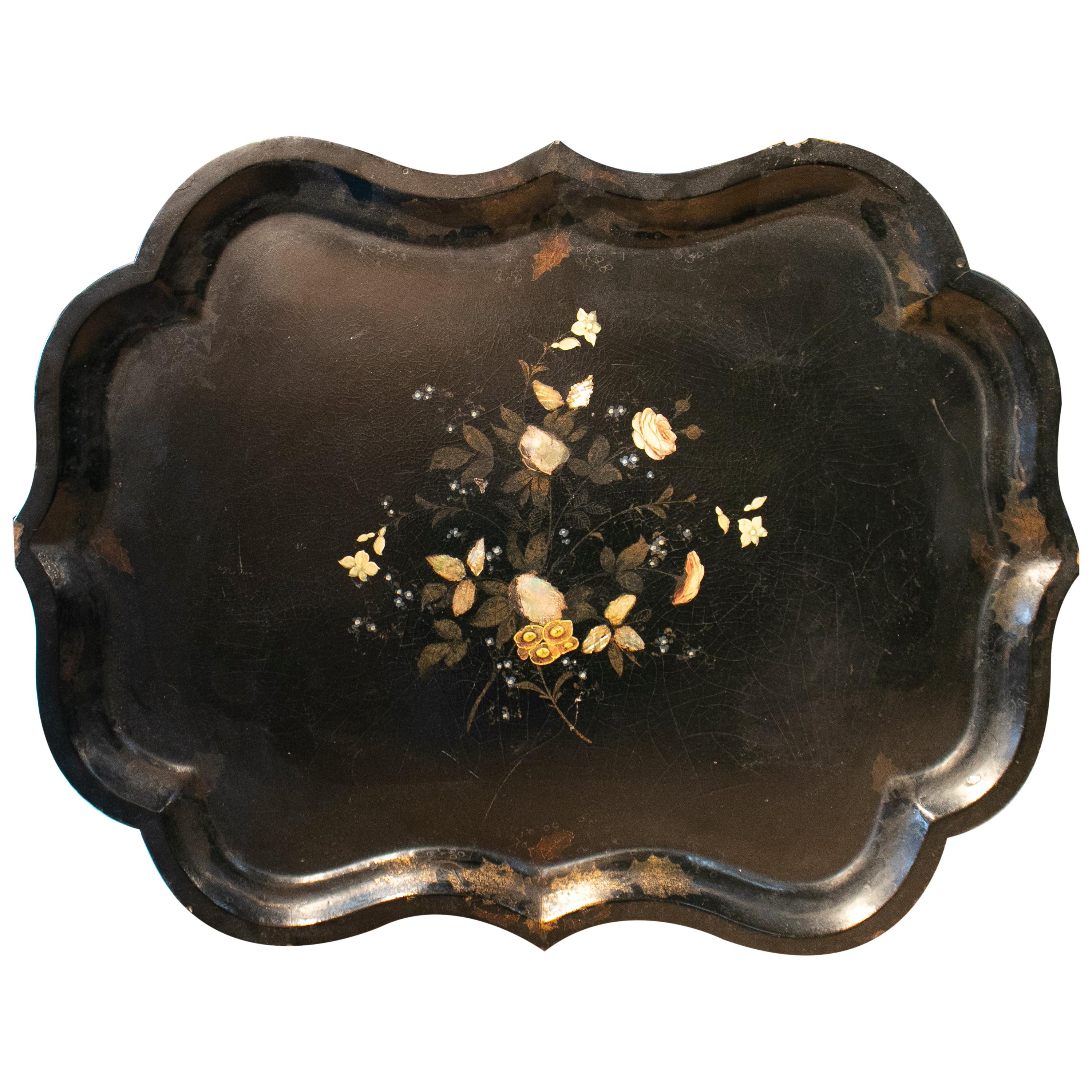19th Century French Papier Mâché Tray with Rose Inlays