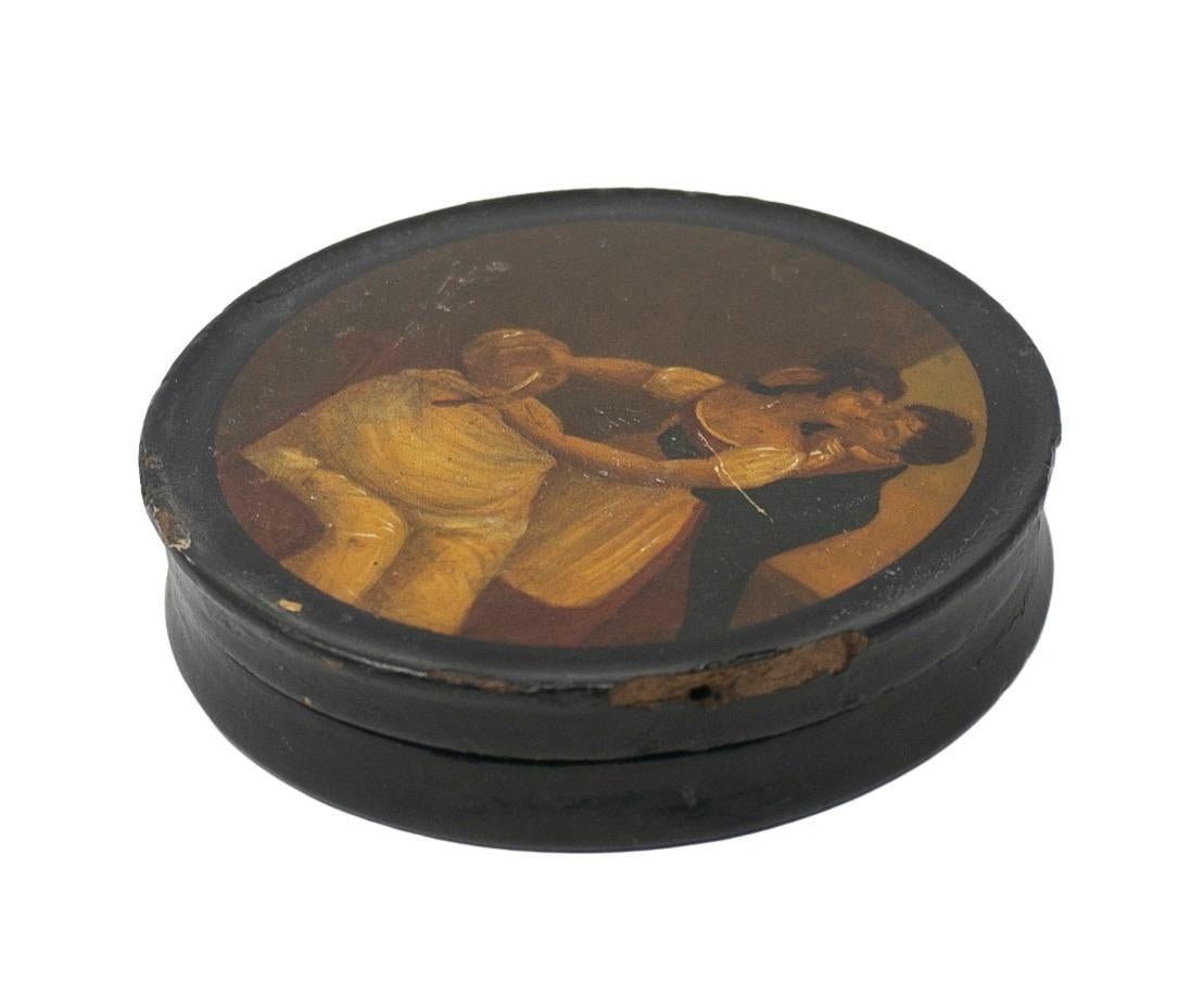 20th Century 19th Century French Papier Mâché Trinket Box with Hand Painted Love Vignette For Sale