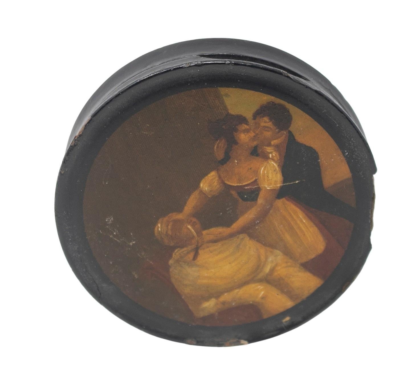 19th Century French Papier Mâché Trinket Box with Hand Painted Love Vignette For Sale 2