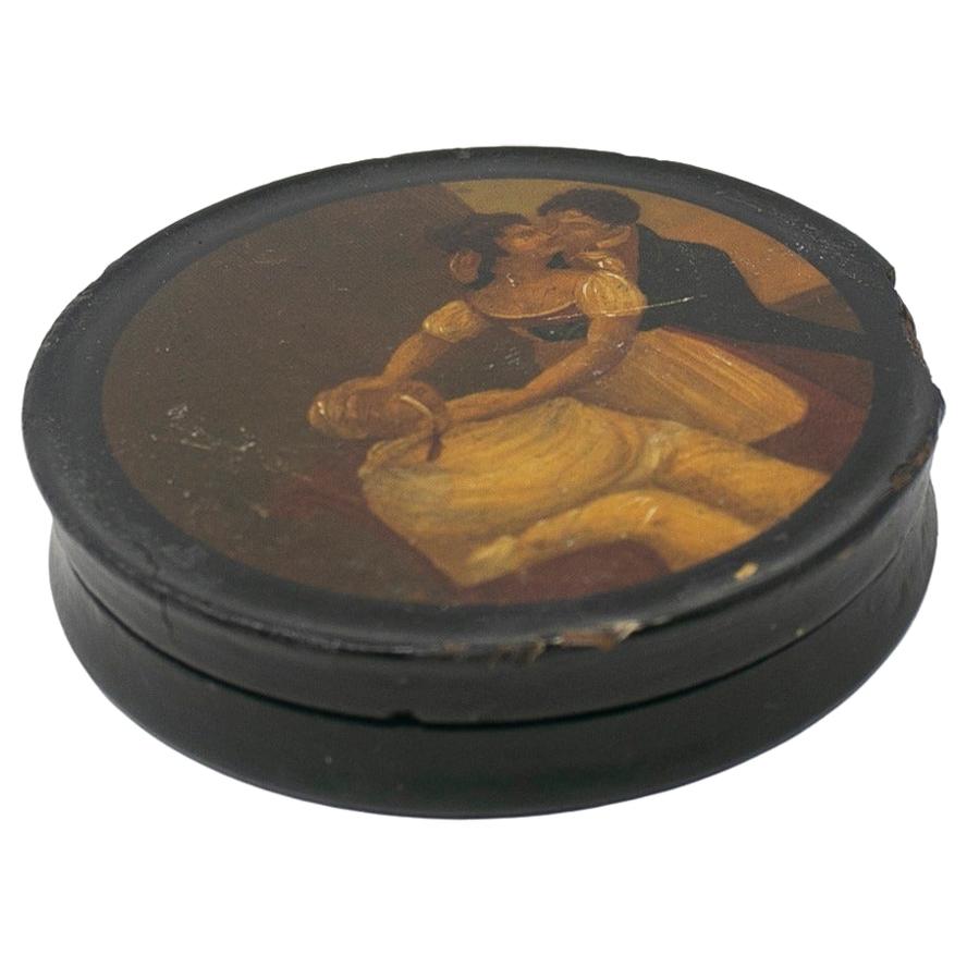 19th Century French Papier Mâché Trinket Box with Hand Painted Love Vignette For Sale