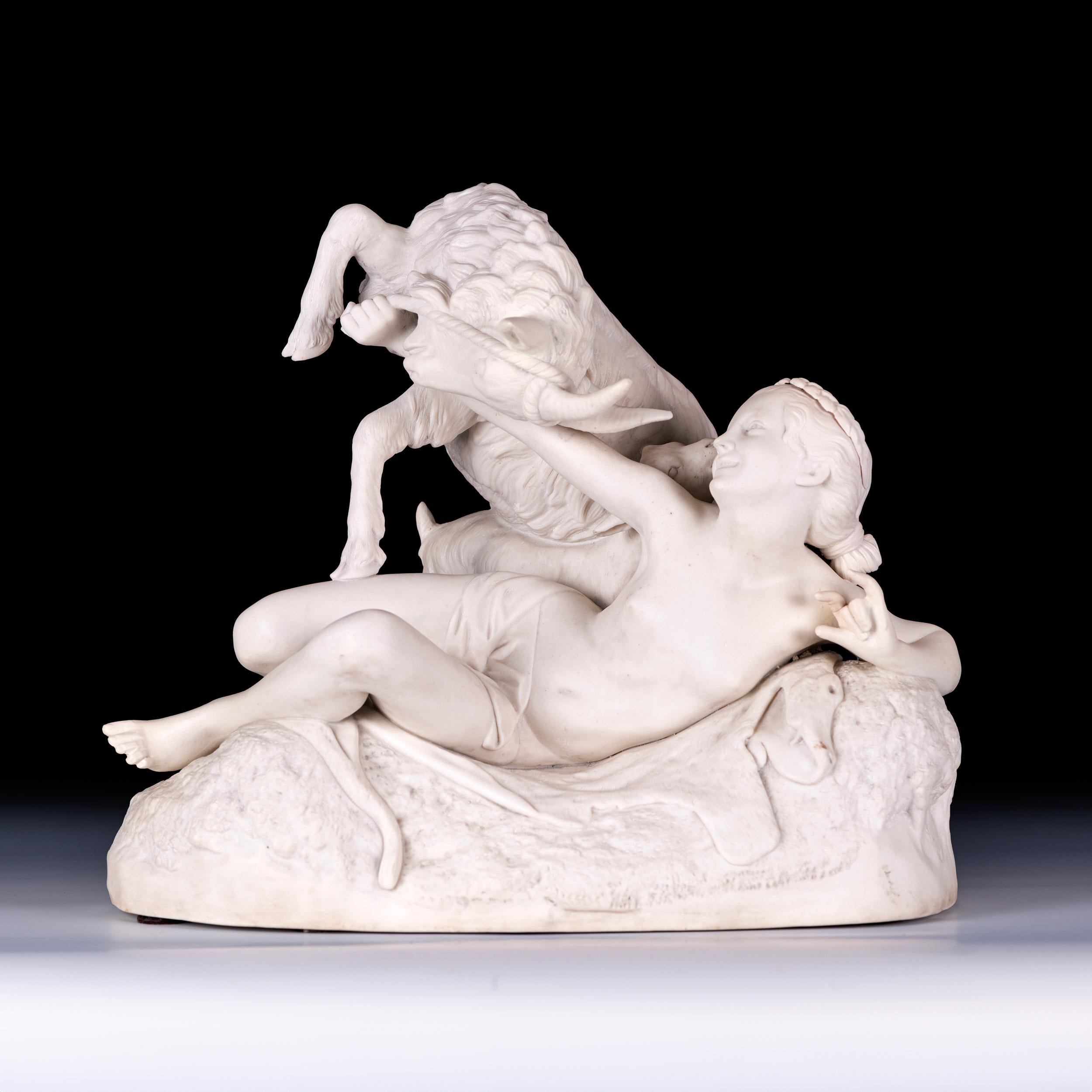 A beautiful and superb quality 19th century French parian group of a young female on naturalistic base accompanied by a ram.
Stamped to base

Condition: Excellent

Circa 1880

French

Location: Dublin City, Ireland.

Parian Ware:

A type of white