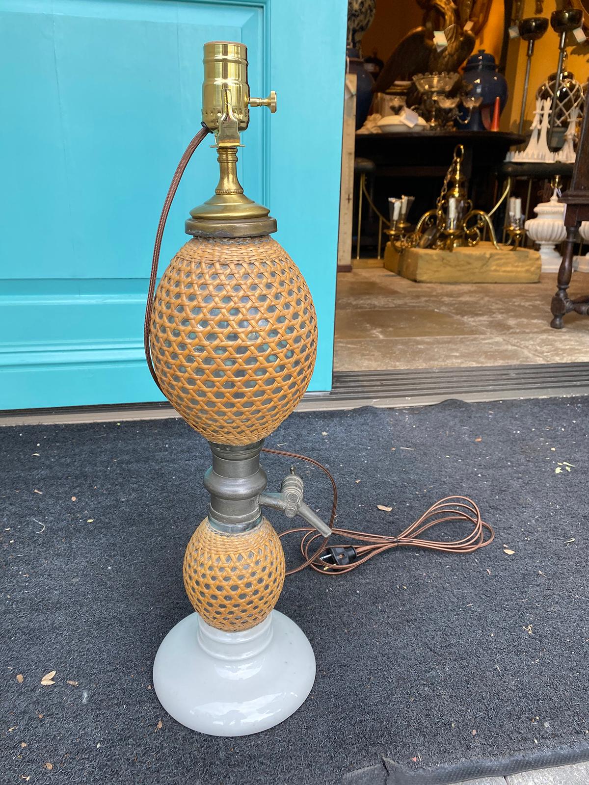 19th Century French Paris Rattan Covered Glass and Pewter Seltzer Bottle as Lamp 7