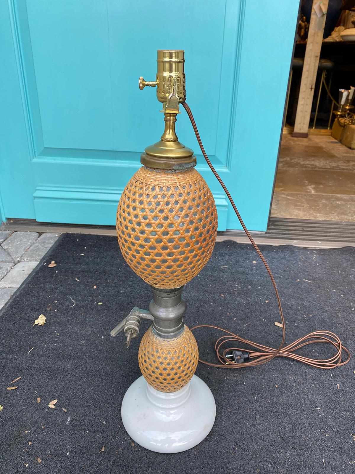 19th Century French Paris Rattan Covered Glass and Pewter Seltzer Bottle as Lamp 8