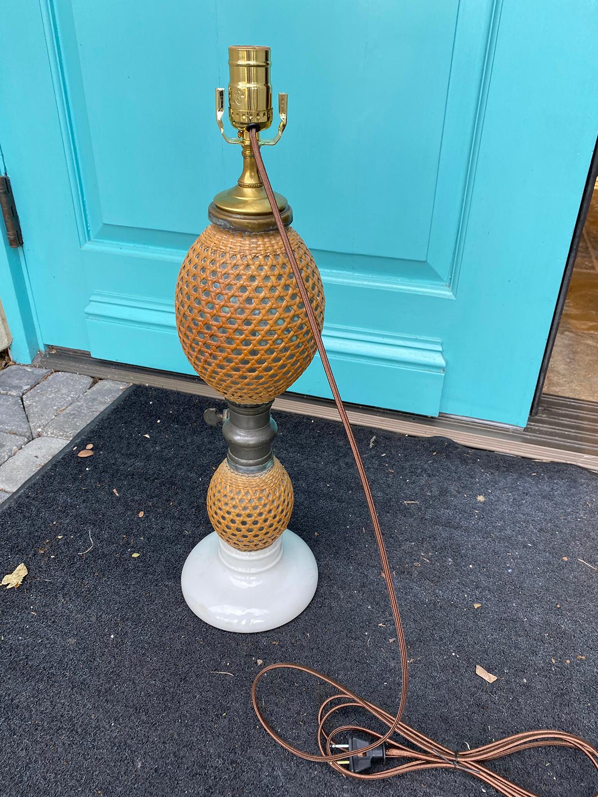 19th Century French Paris Rattan Covered Glass and Pewter Seltzer Bottle as Lamp 9