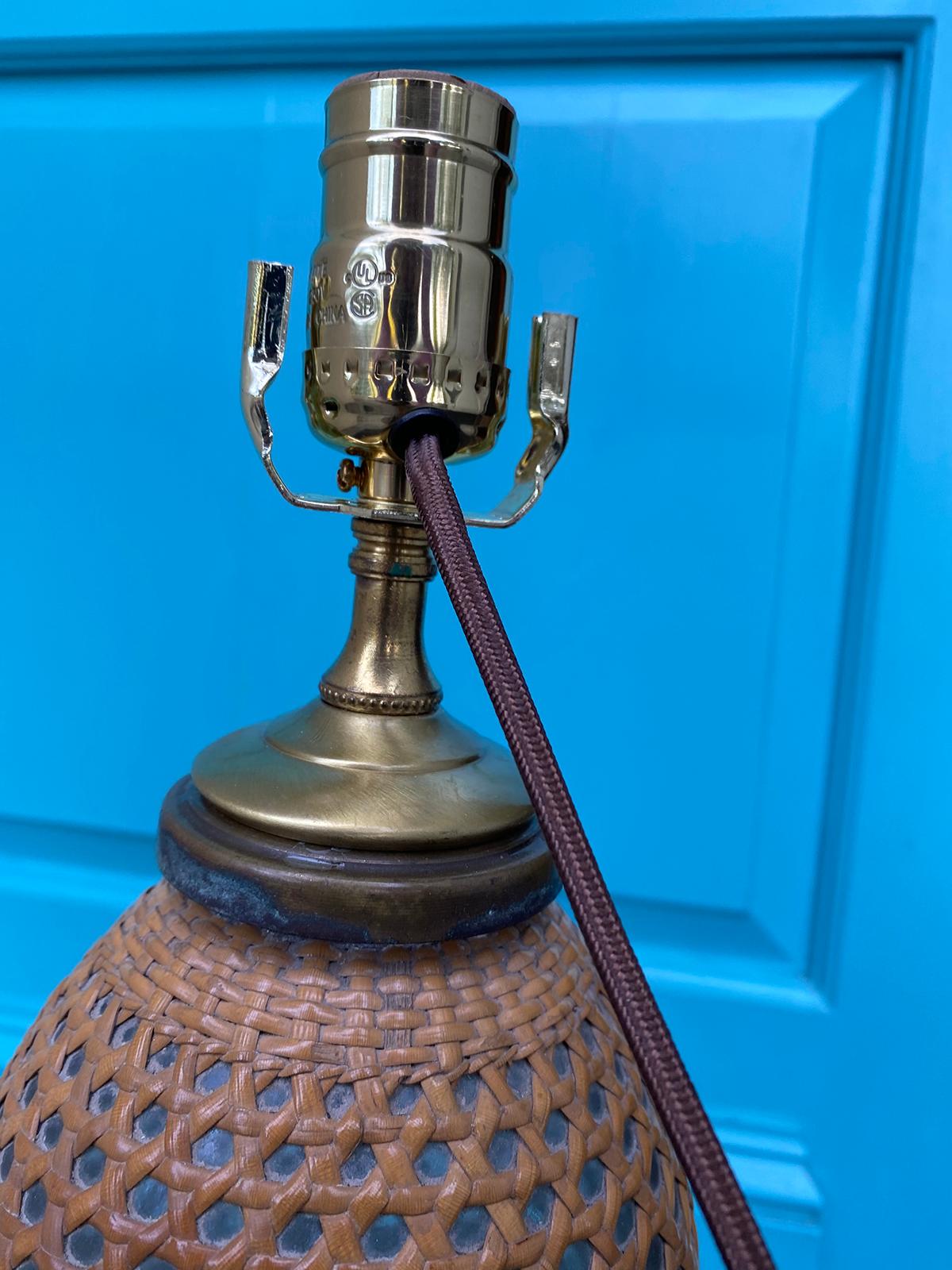 19th Century French Paris Rattan Covered Glass and Pewter Seltzer Bottle as Lamp 10