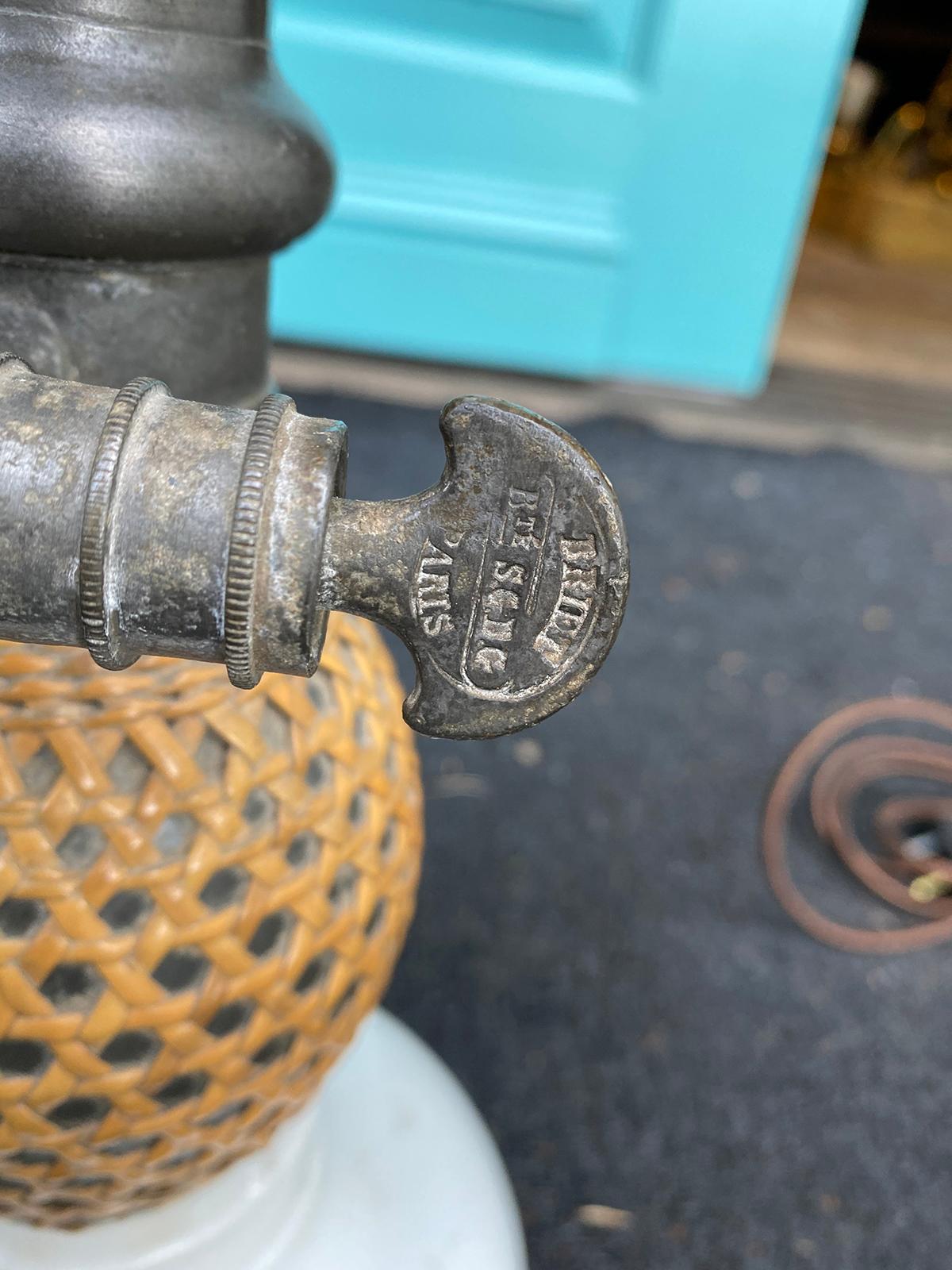 19th Century French Paris Rattan Covered Glass and Pewter Seltzer Bottle as Lamp In Good Condition In Atlanta, GA
