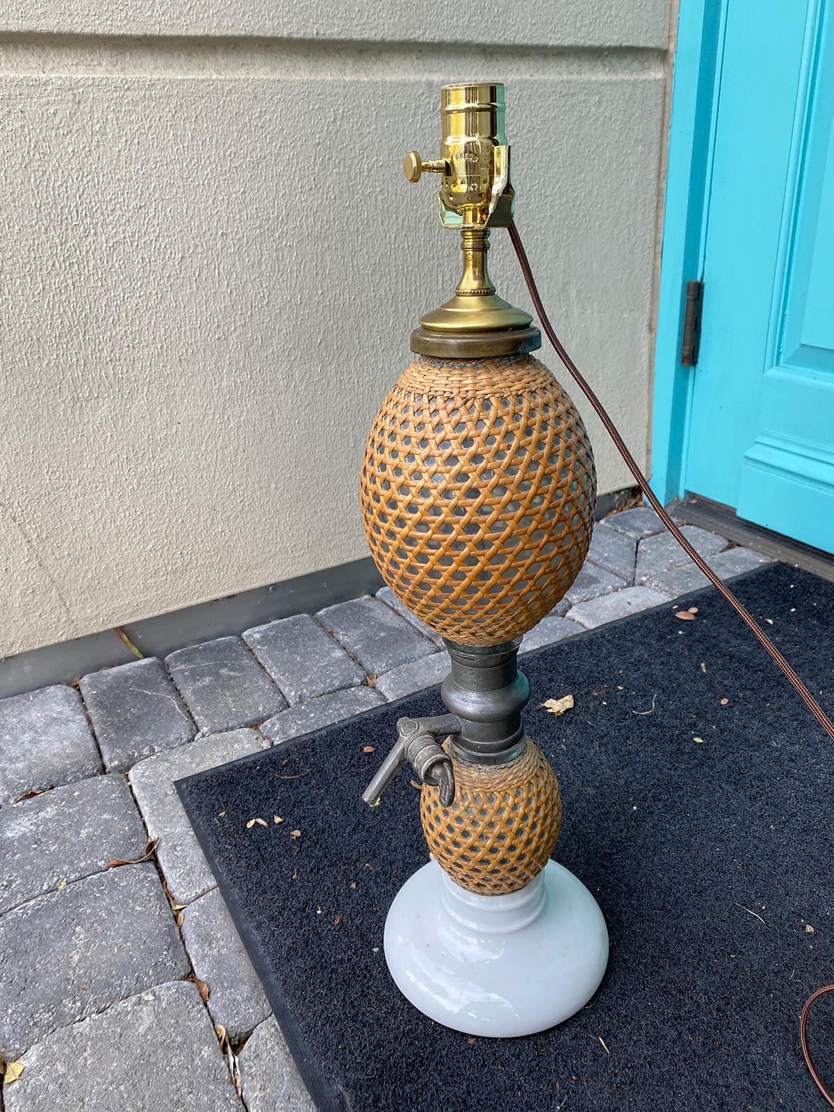 Porcelain 19th Century French Paris Rattan Covered Glass and Pewter Seltzer Bottle as Lamp