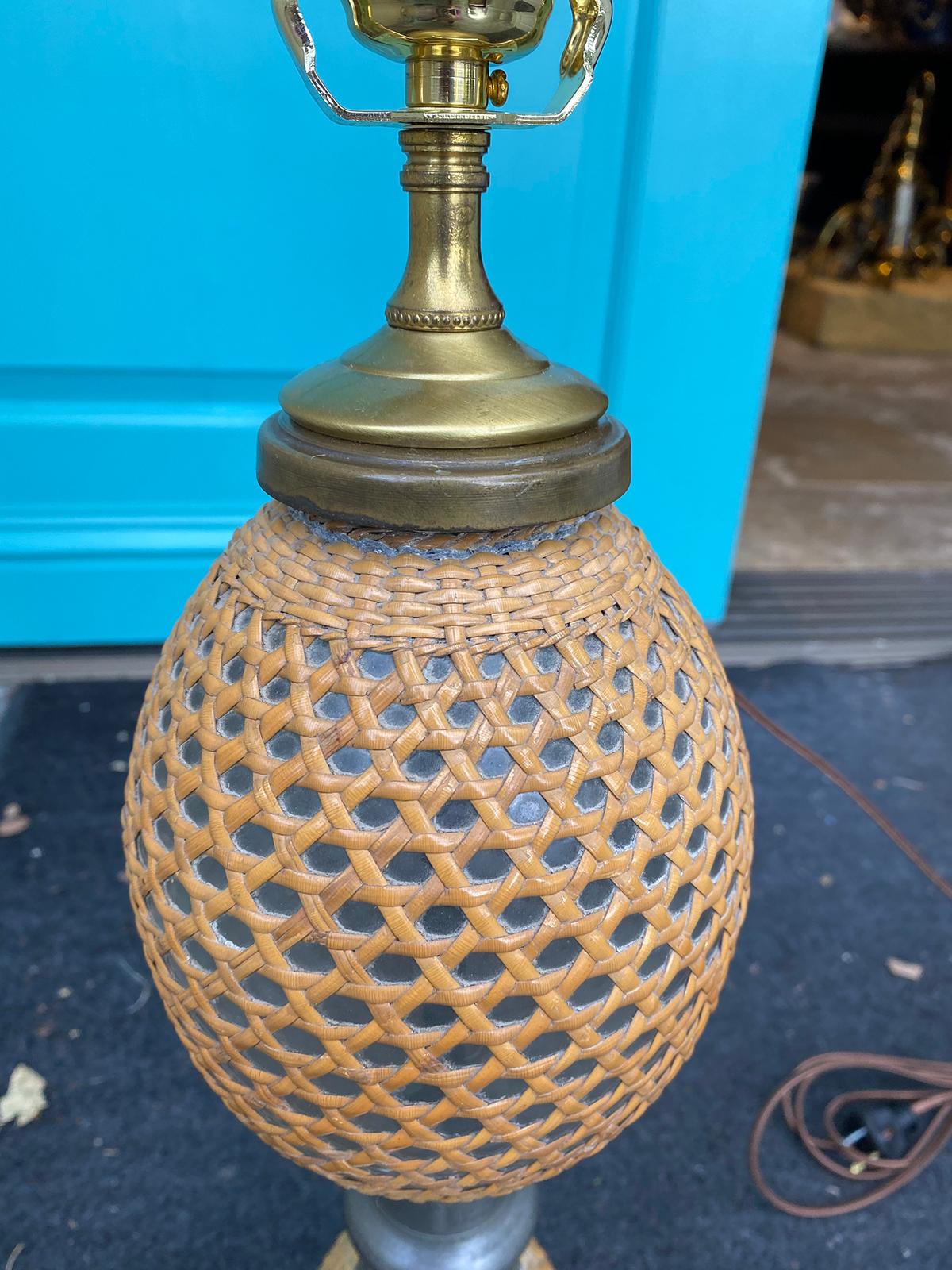 19th Century French Paris Rattan Covered Glass and Pewter Seltzer Bottle as Lamp 3