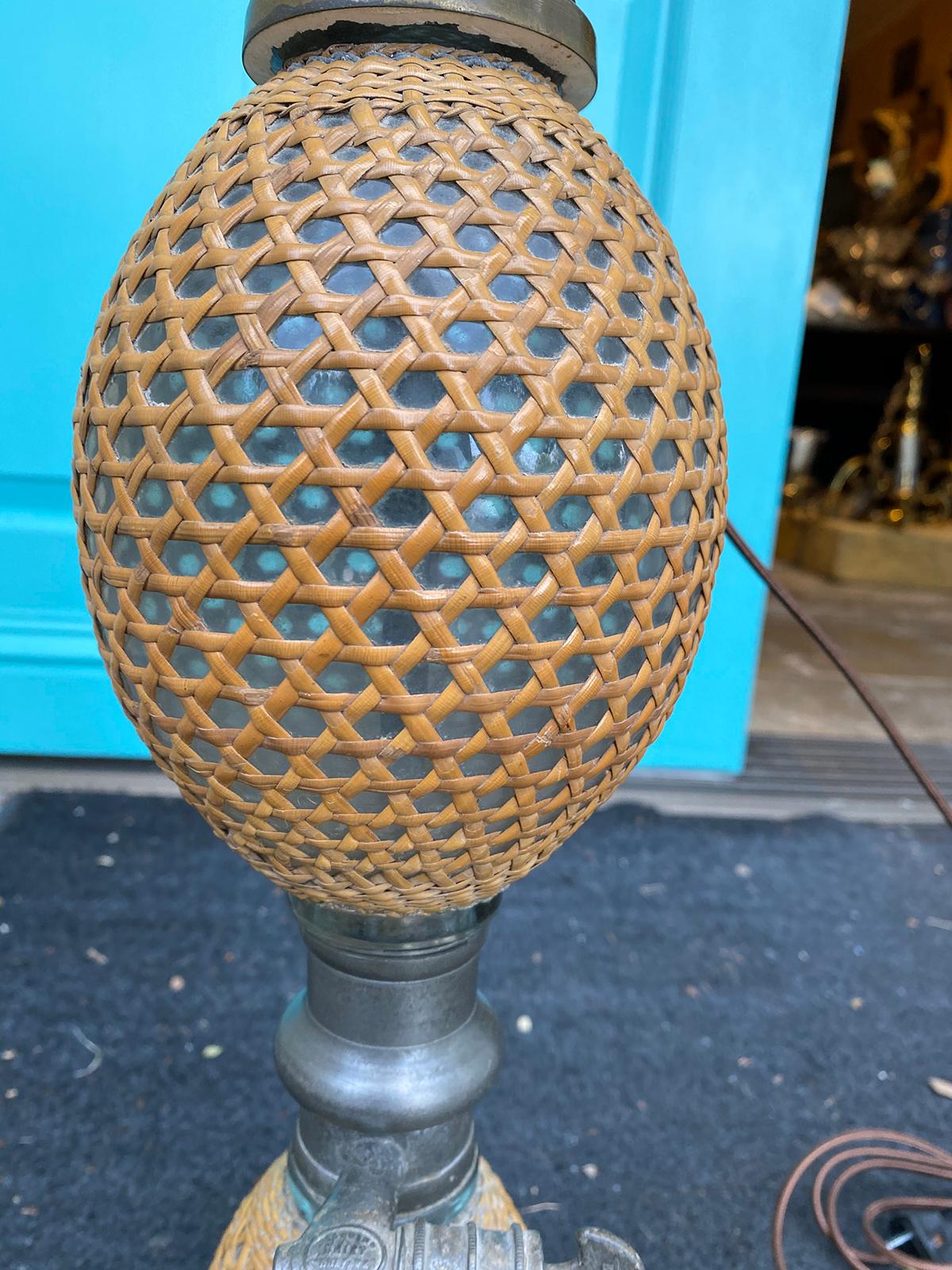 19th Century French Paris Rattan Covered Glass and Pewter Seltzer Bottle as Lamp 4