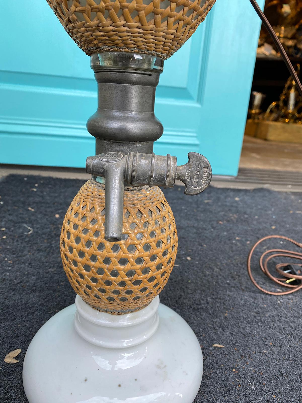 19th Century French Paris Rattan Covered Glass and Pewter Seltzer Bottle as Lamp 5