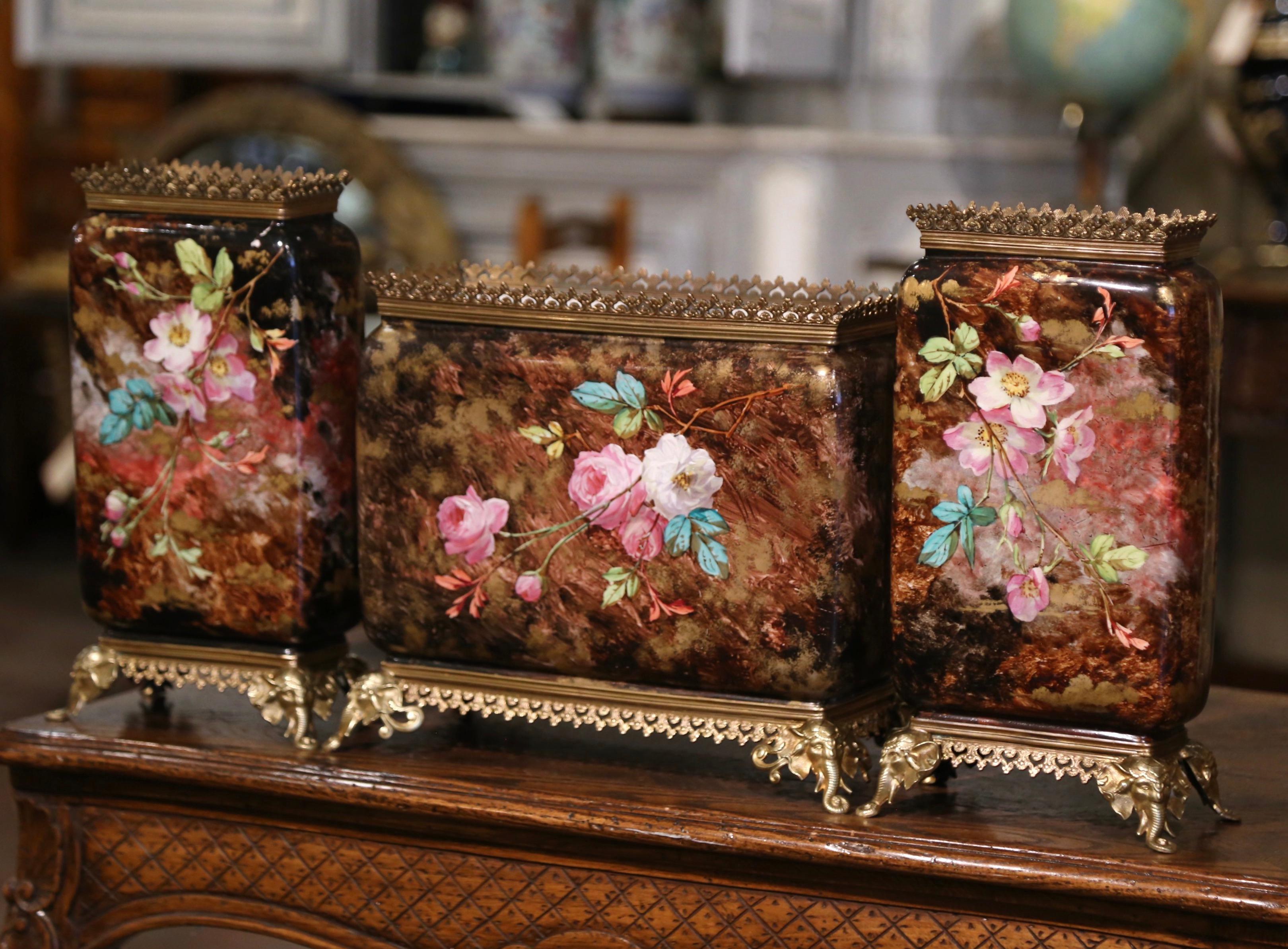  19th Century French Parisian Hand Painted Porcelain and Brass Vases, Set of 3 For Sale 9