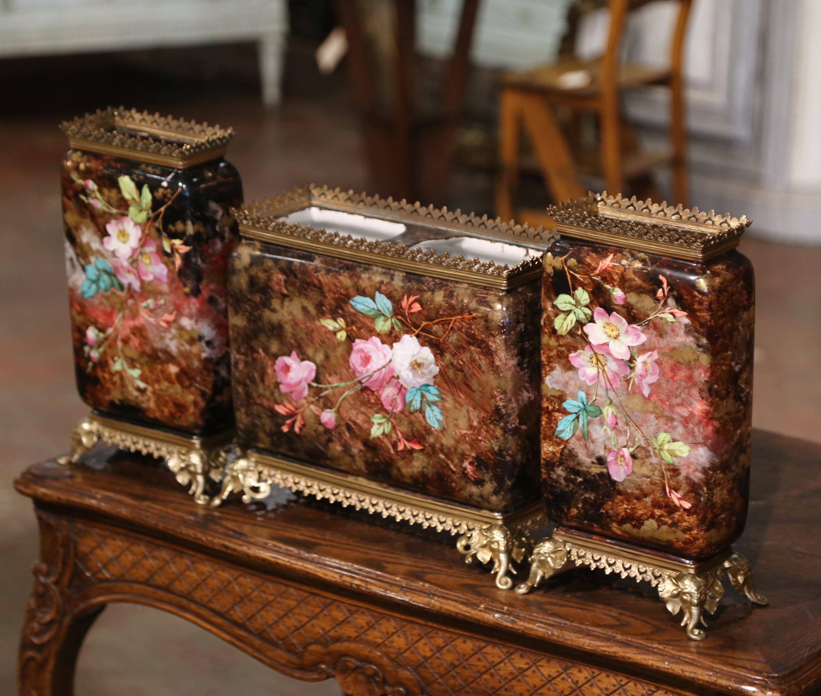  19th Century French Parisian Hand Painted Porcelain and Brass Vases, Set of 3 For Sale 13