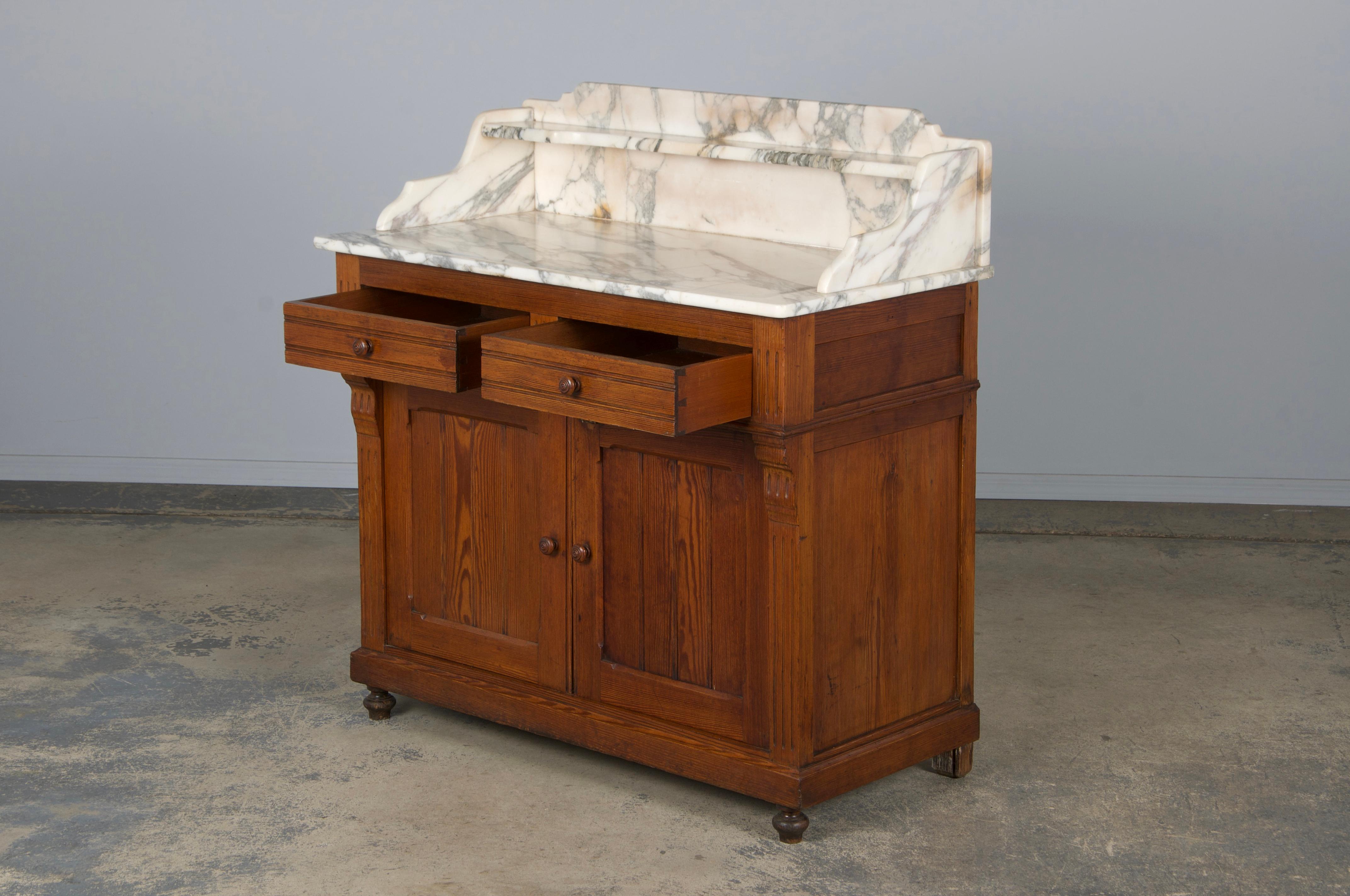 19th Century French Parisian Pine Wash Stand Vanity W/ Calacatta Viola Marble 11