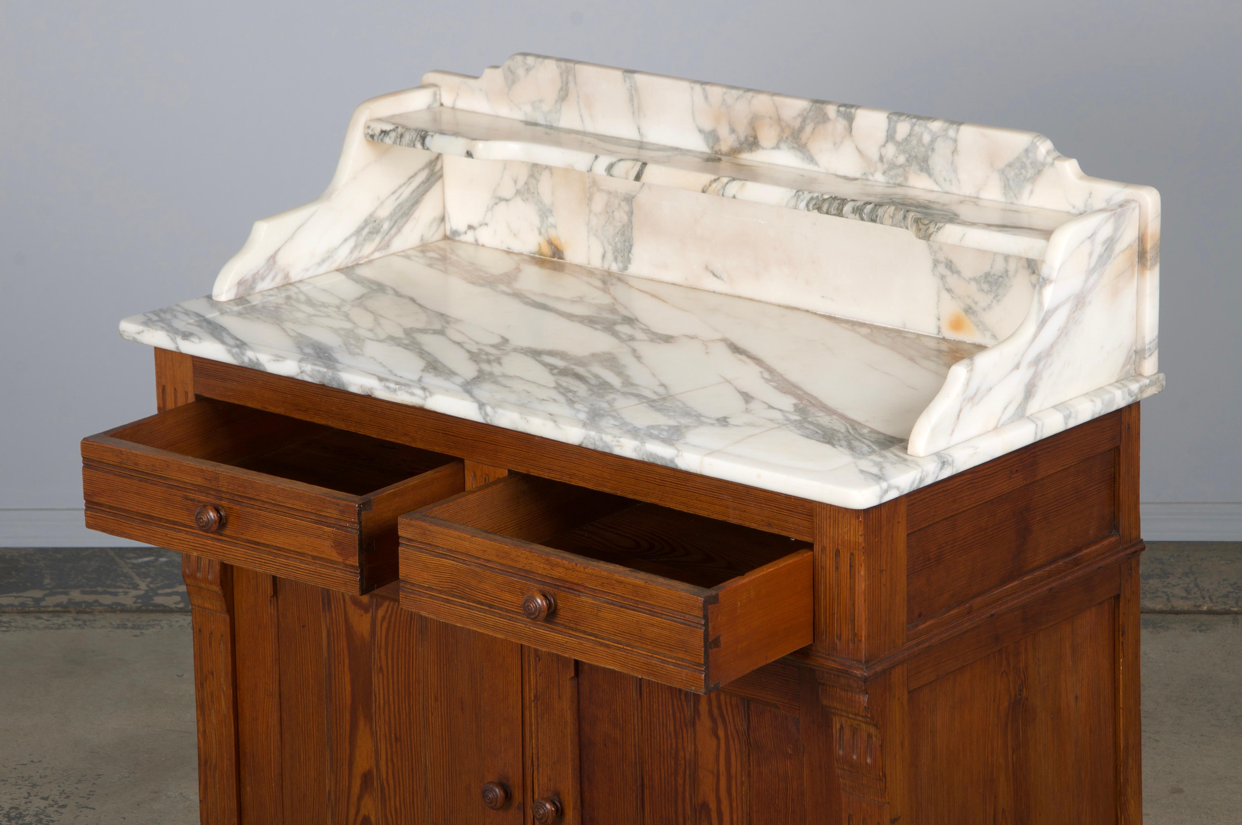 19th Century French Parisian Pine Wash Stand Vanity W/ Calacatta Viola Marble 12