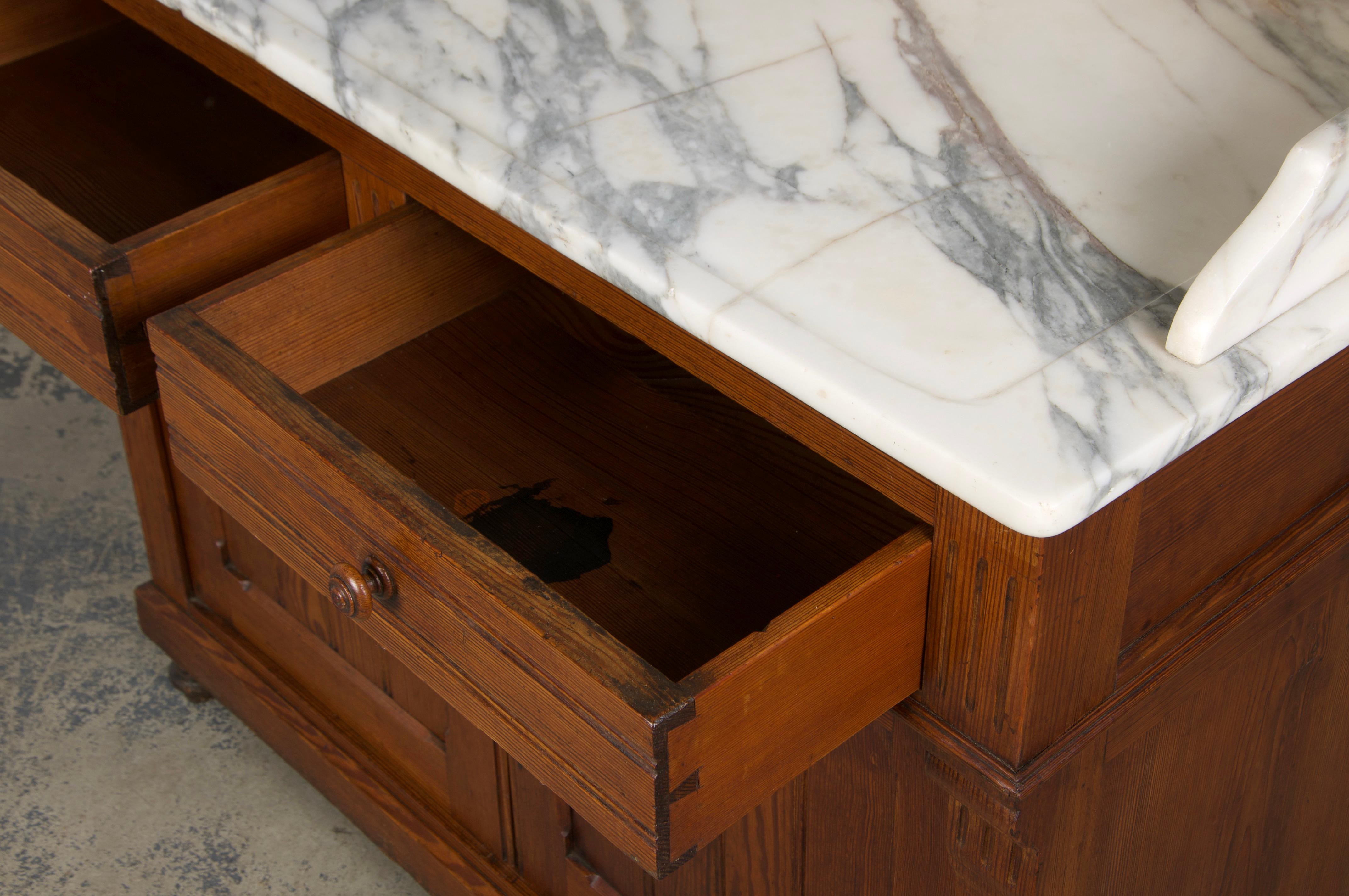19th Century French Parisian Pine Wash Stand Vanity W/ Calacatta Viola Marble 13