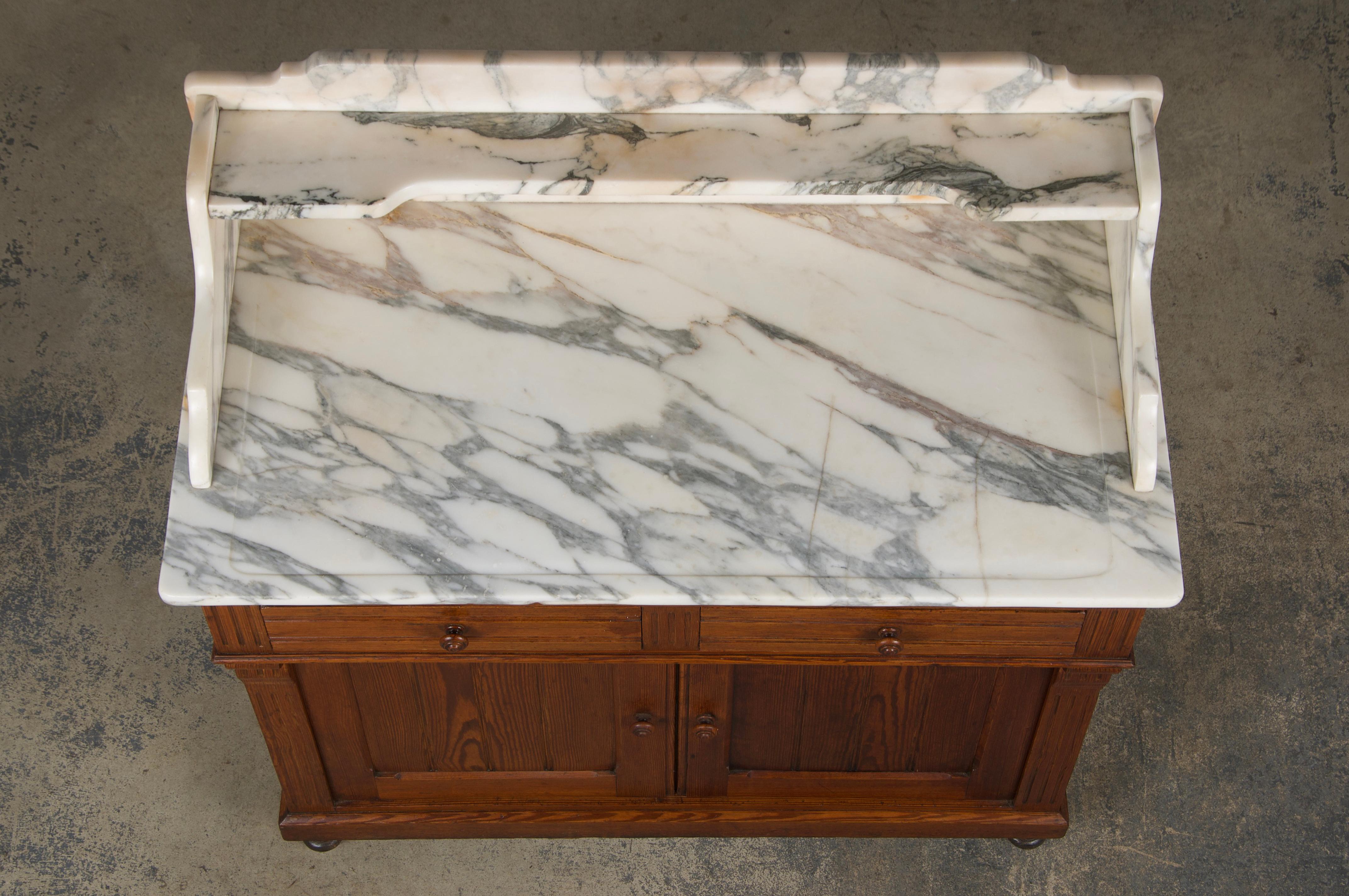Hand-Carved 19th Century French Parisian Pine Wash Stand Vanity W/ Calacatta Viola Marble
