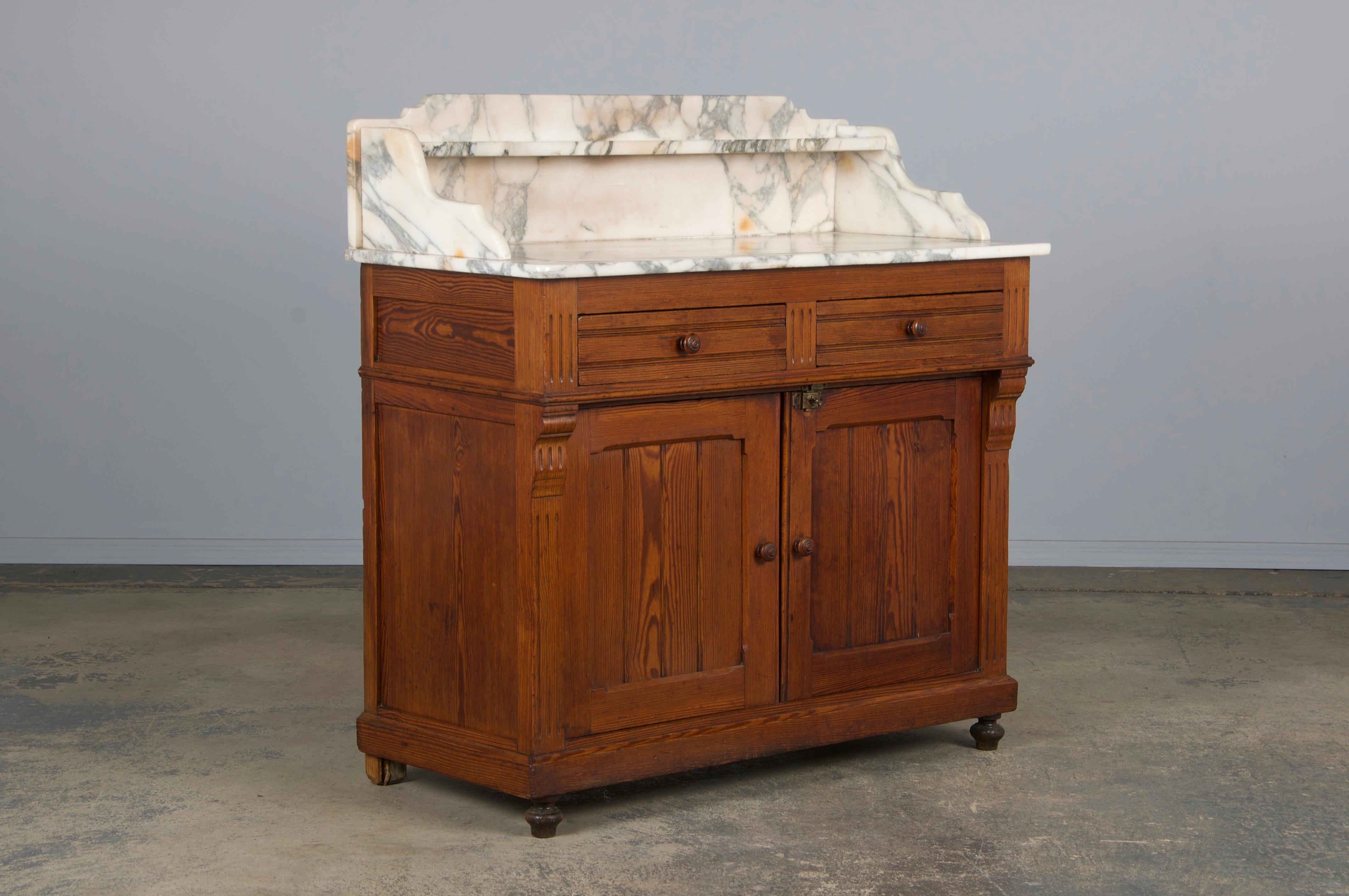 19th Century French Parisian Pine Wash Stand Vanity W/ Calacatta Viola Marble 3