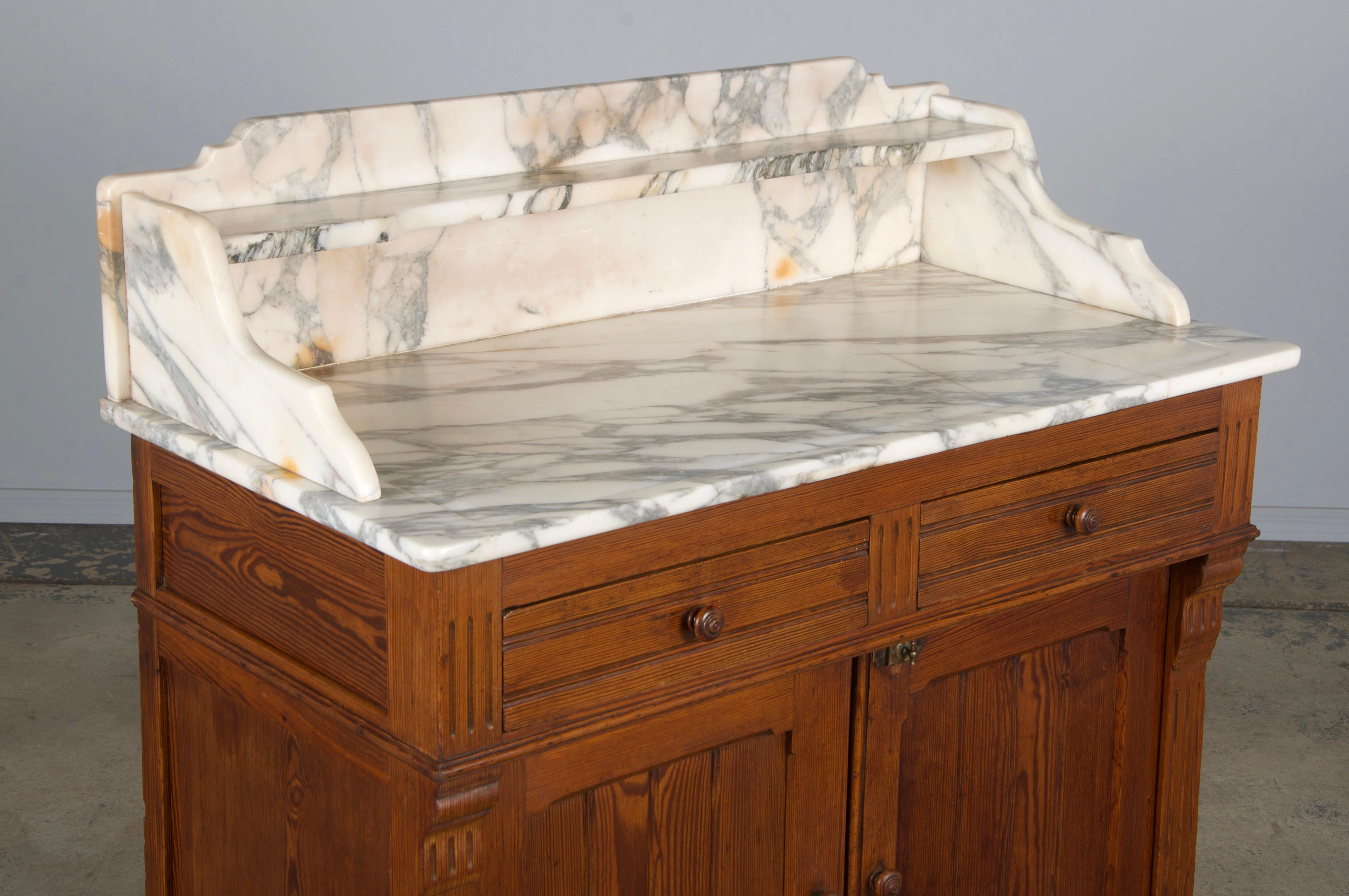 19th Century French Parisian Pine Wash Stand Vanity W/ Calacatta Viola Marble 4