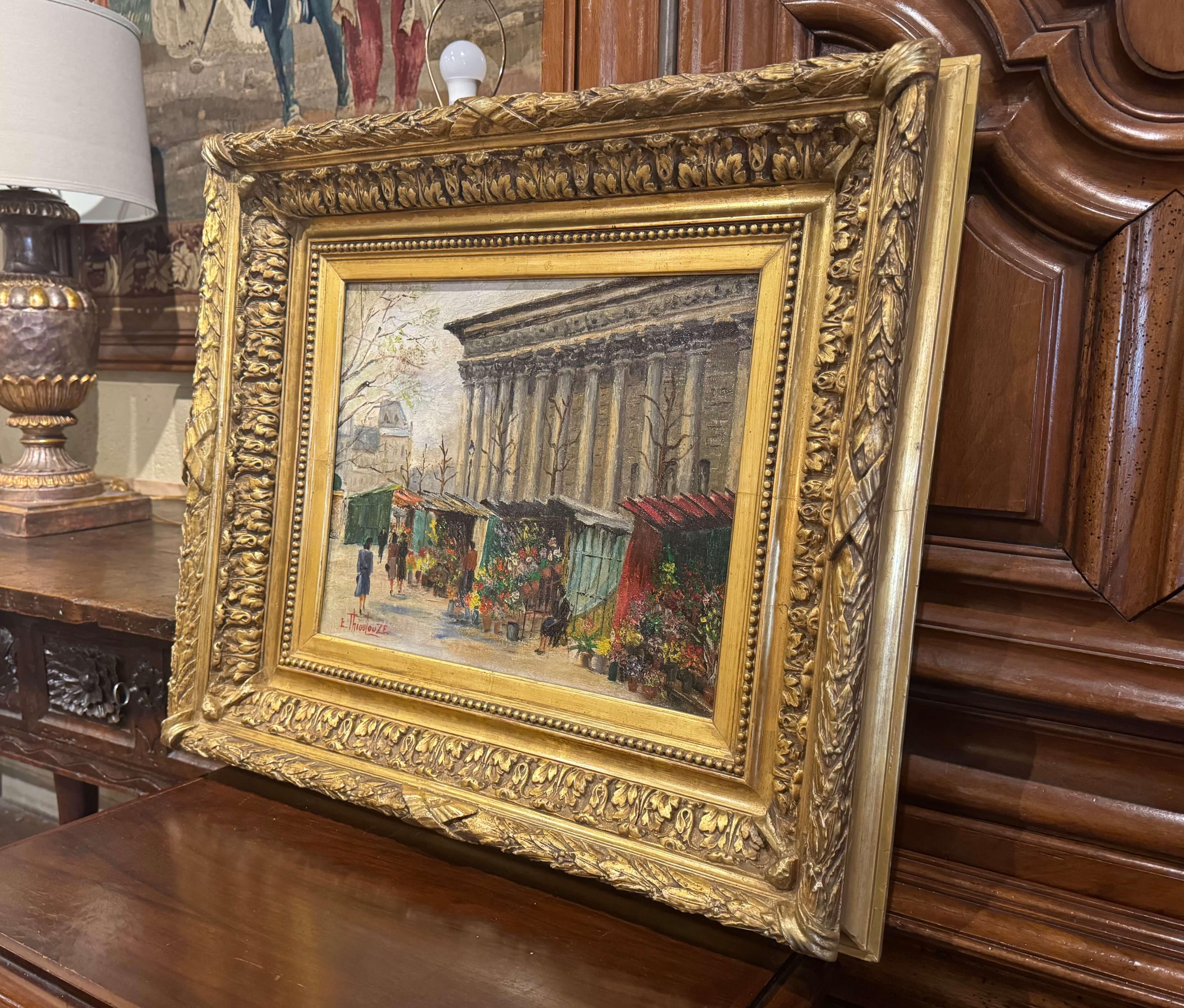 Décorez un mur avec cette belle peinture colorée. Peinte sur toile à Paris vers 1890 et placée dans un épais cadre sculpté et doré, l'œuvre d'art capture magnifiquement l'atmosphère vibrante de La Madeleine à Paris, une église néoclassique connue