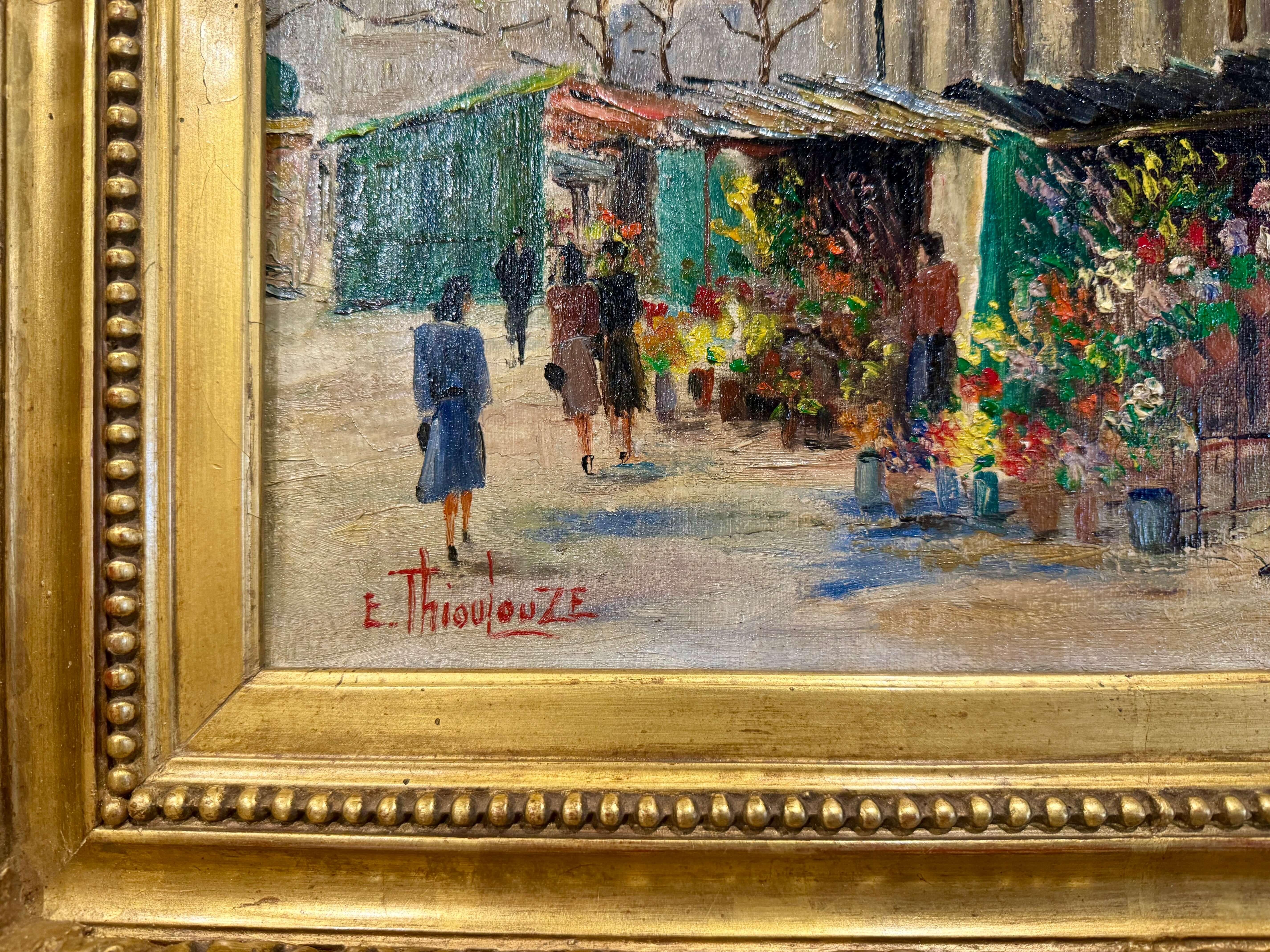 Doré Peinture de scène parisienne du 19ème siècle dans un cadre doré signé E. Thioulouze en vente