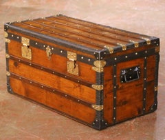 19th Century French Parisian Travel Trunk with Brass Hardware and Wood Slat Top