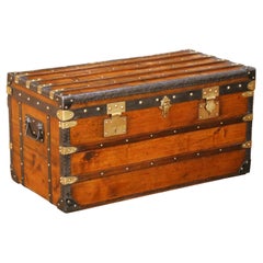 19th Century French Parisian Travel Trunk with Brass Hardware and Wood Slat Top