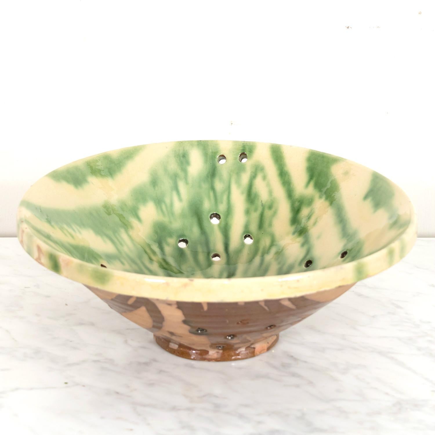 Glazed 19th Century French Passoire or Colander with Yellow and Green Interior Glaze