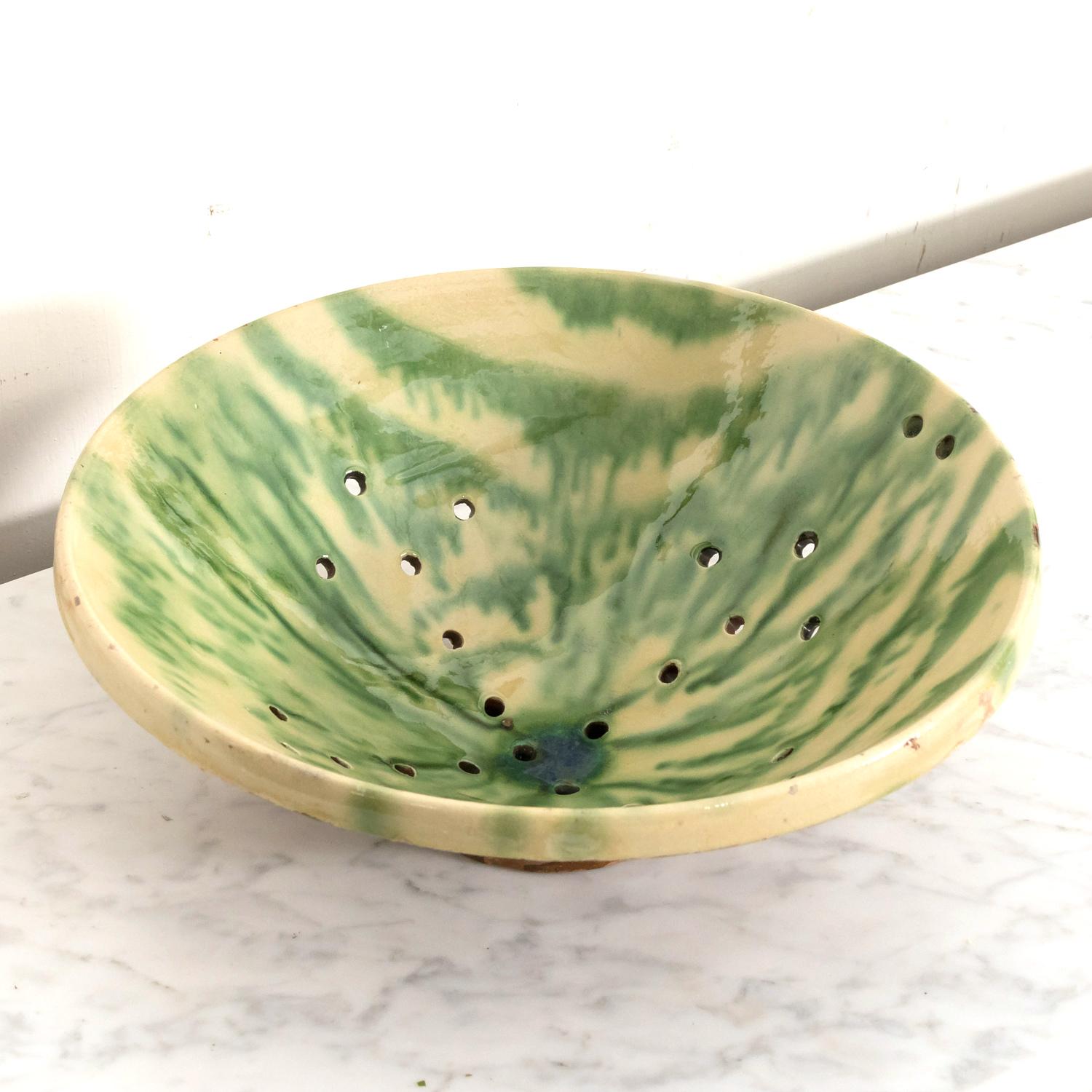 19th Century French Passoire or Colander with Yellow and Green Interior Glaze In Good Condition In Birmingham, AL