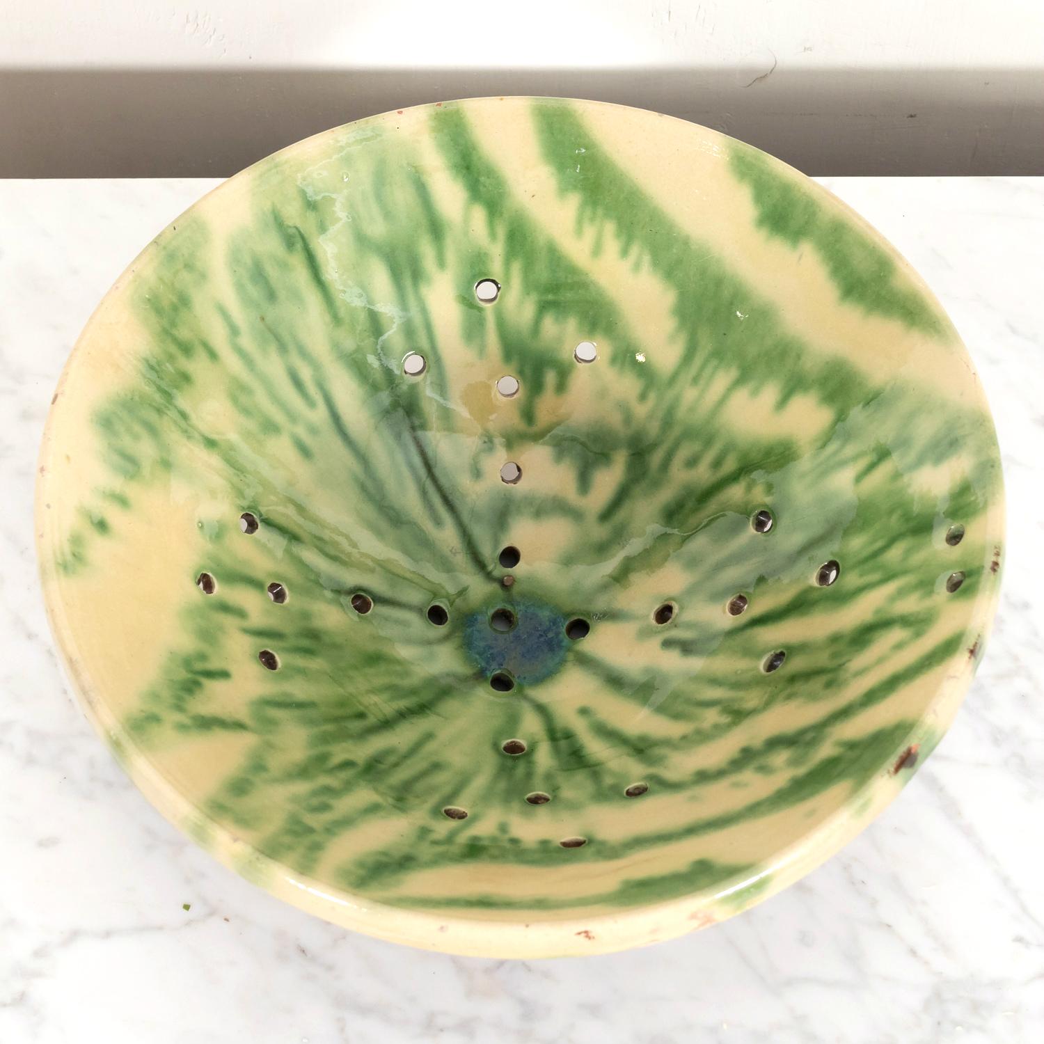 Terracotta 19th Century French Passoire or Colander with Yellow and Green Interior Glaze