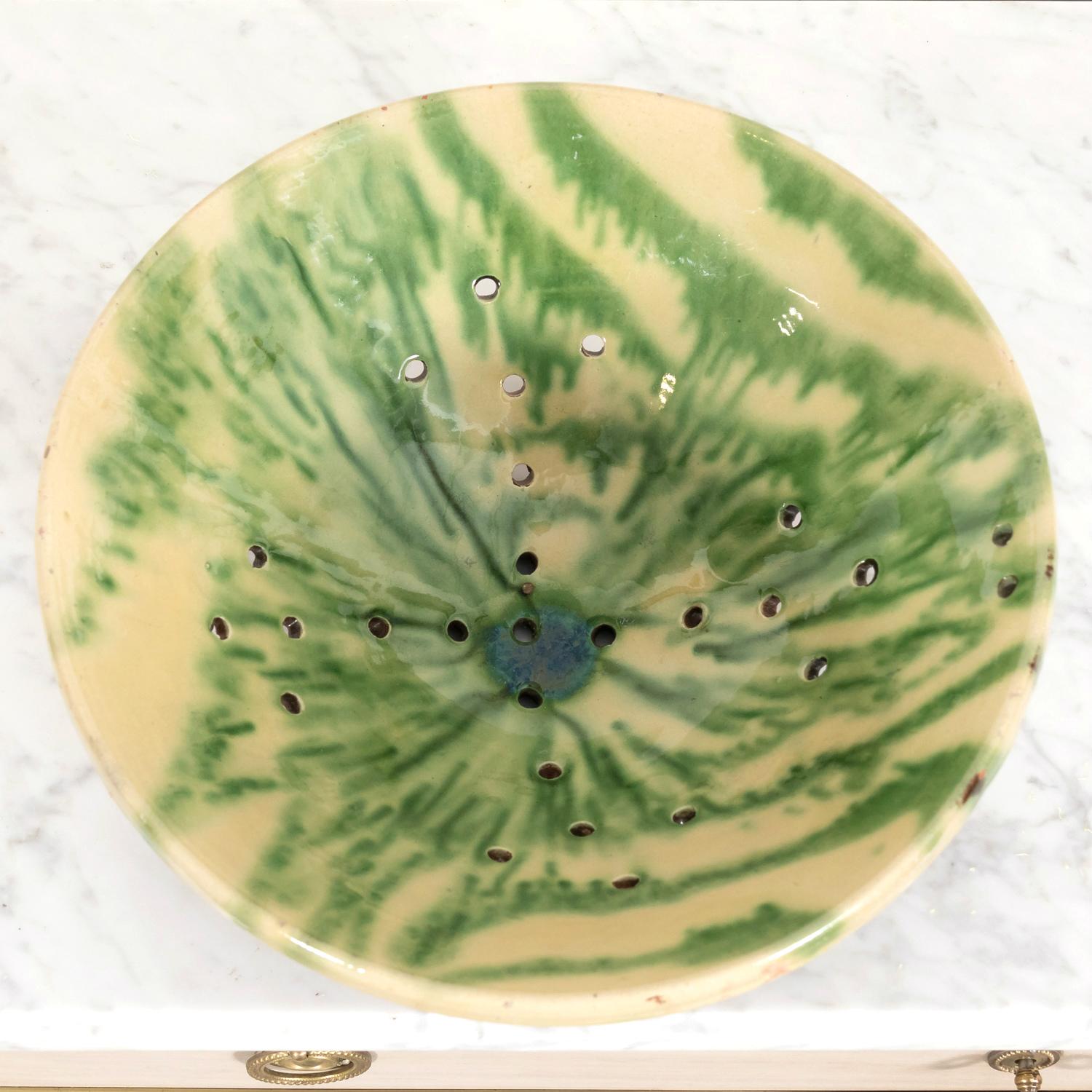19th Century French Passoire or Colander with Yellow and Green Interior Glaze 1