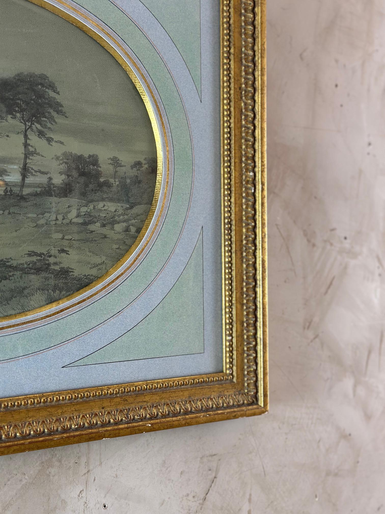 Wood 19th century French Pastel Drawing Signed Cinarie, 1867s For Sale