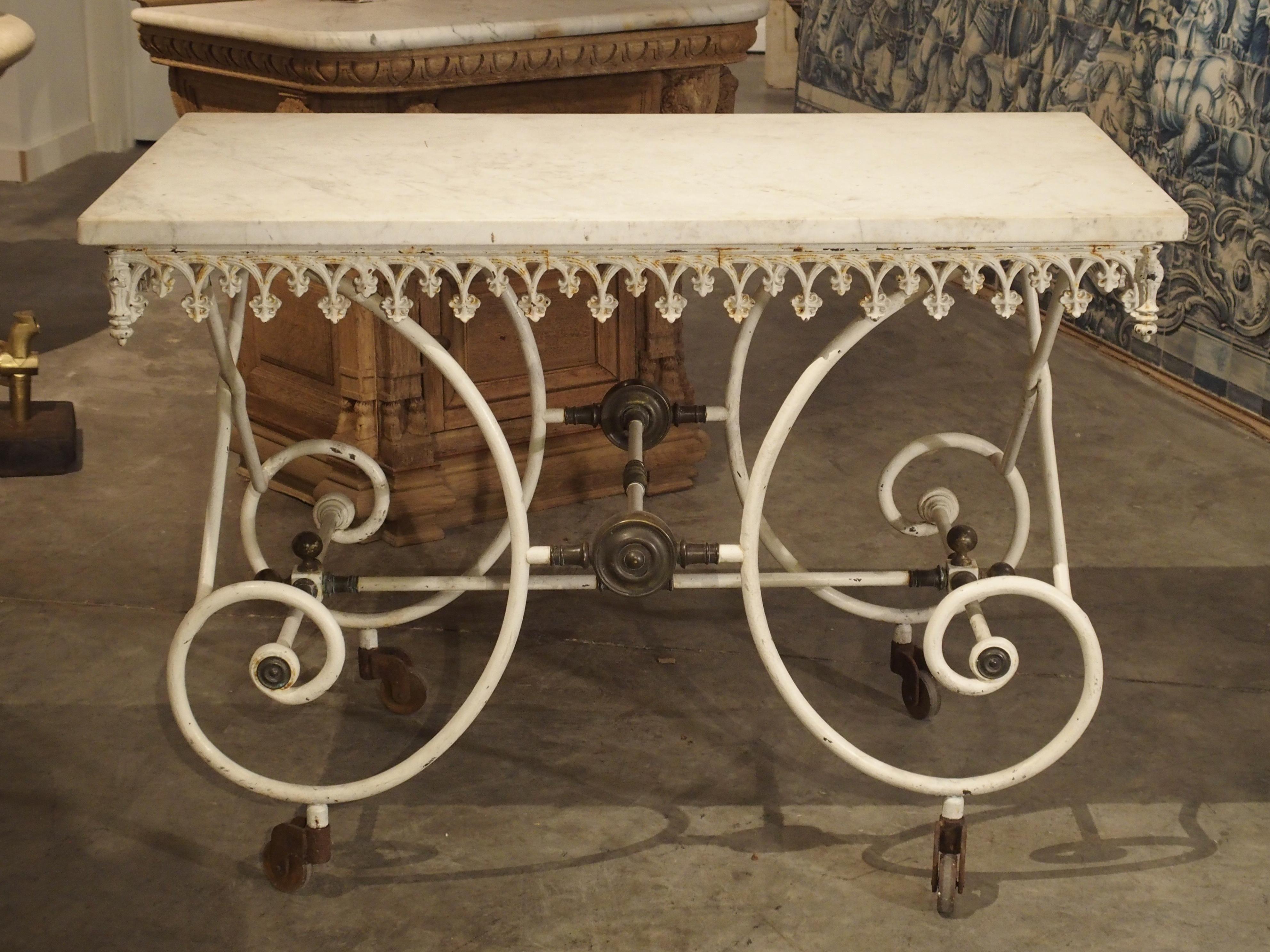 Hand-Painted 19th Century, French Pastry or Butchers Display Table with Carrara Marble Top
