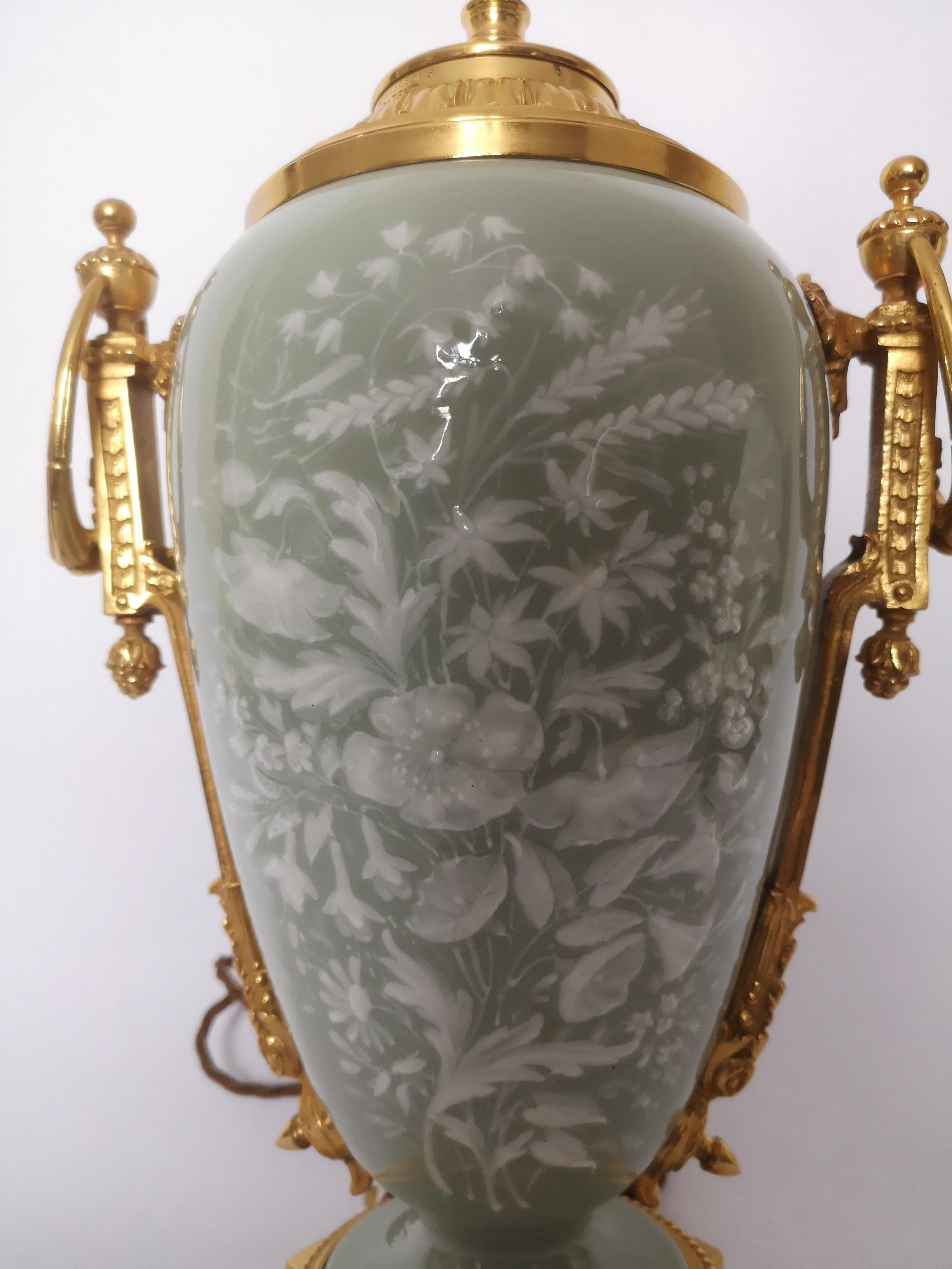 19th Century French Pate Sur Pate Floral Decoration Porcelain Lamp, Gilt Bronze For Sale 1