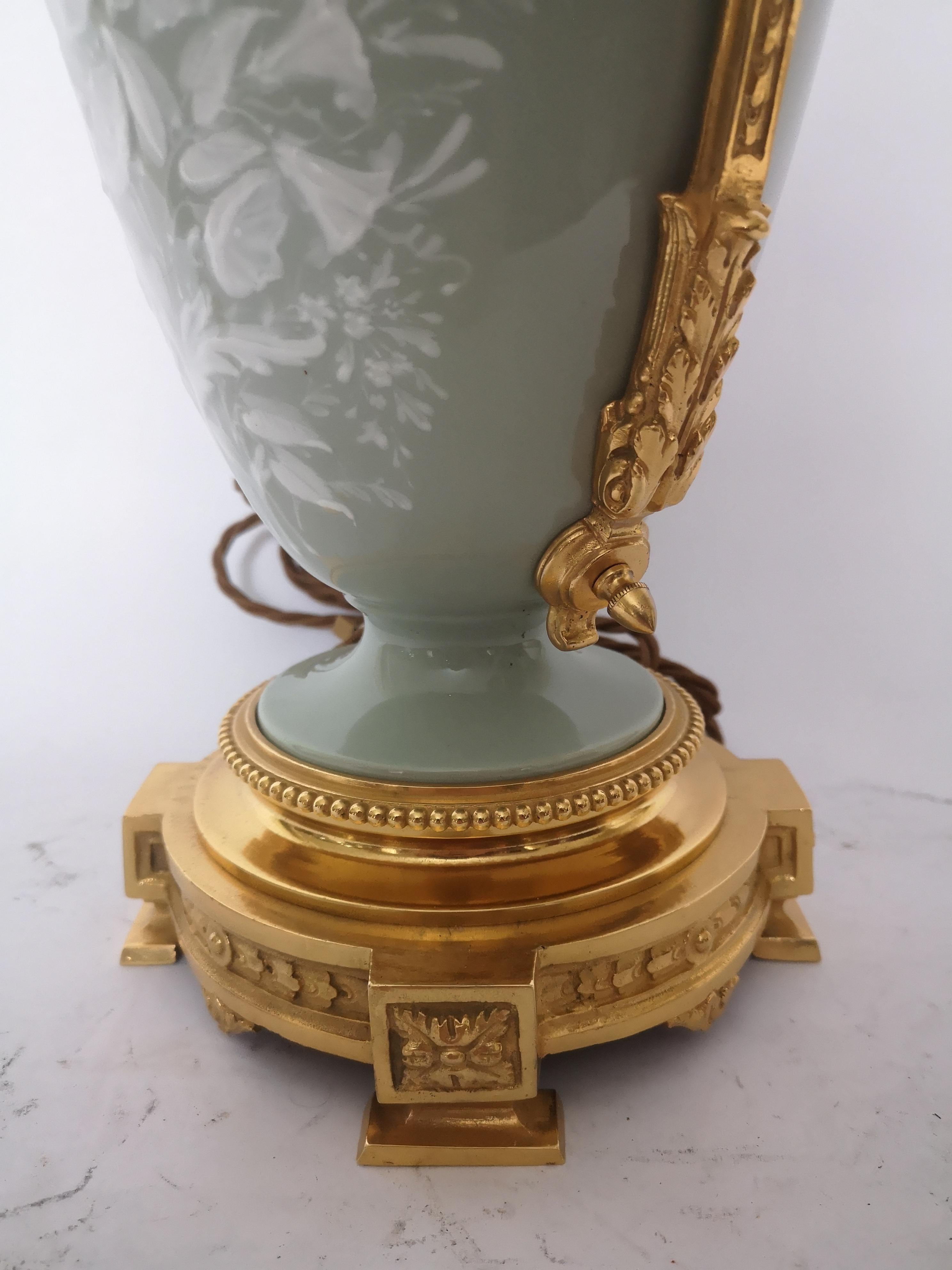 19th Century French Pate Sur Pate Floral Decoration Porcelain Lamp, Gilt Bronze For Sale 3