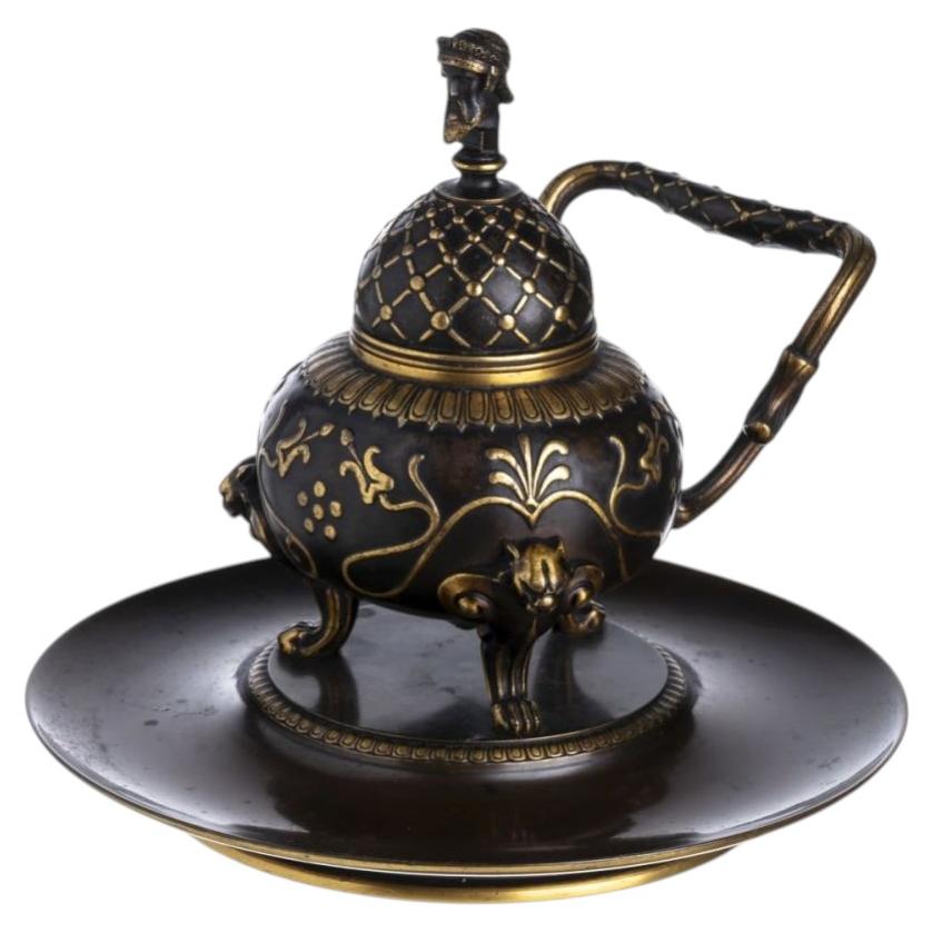 19th-Century French Patinated and Gilt Bronze Inkwell by Ferdinand Barbedienne