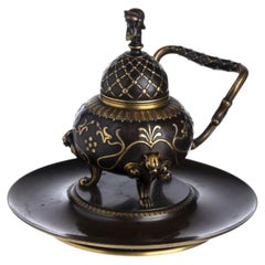 19th-Century French Patinated and Gilt Bronze Inkwell by Ferdinand Barbedienne
