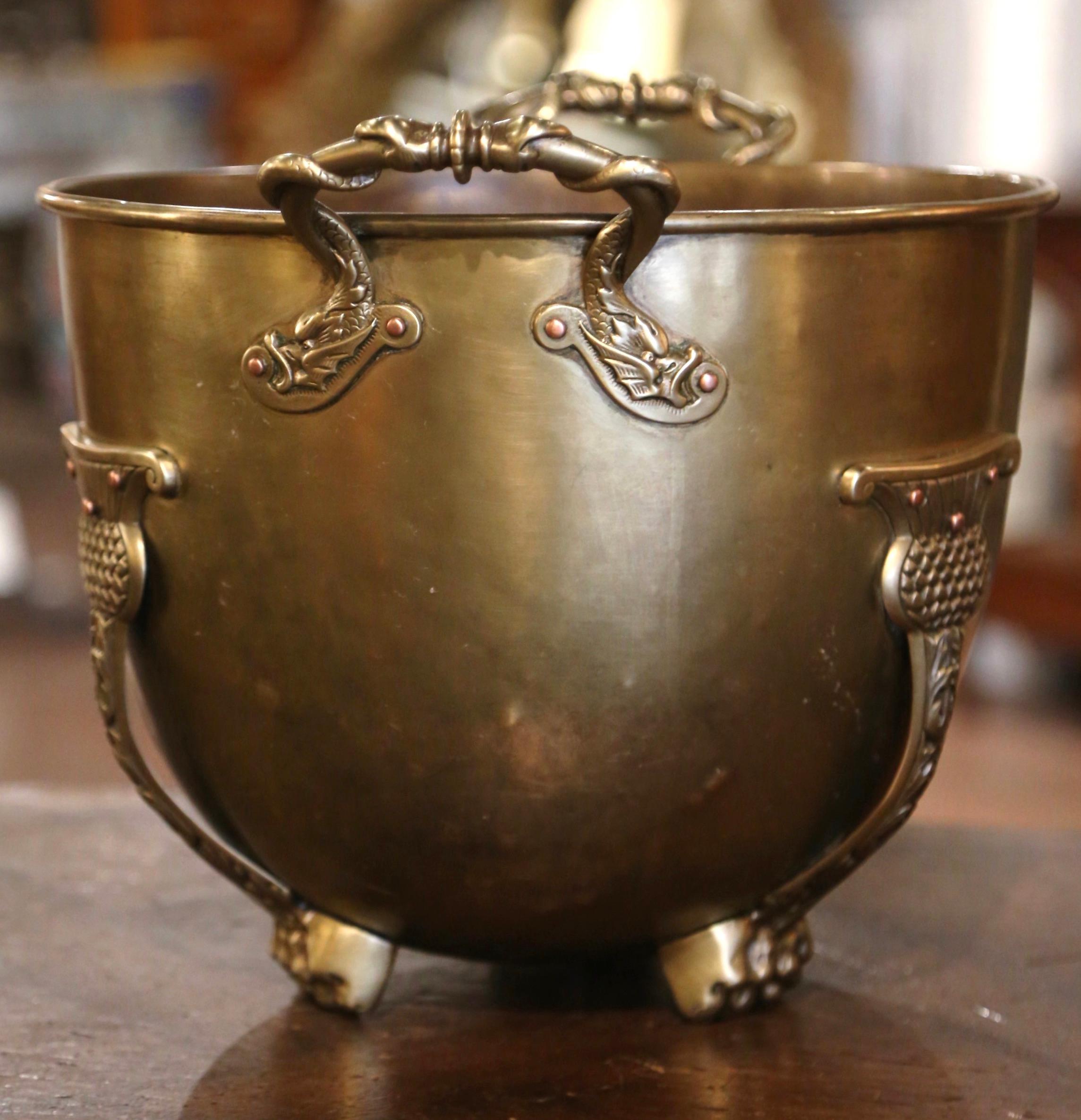 Hand-Crafted 19th Century French Patinated Brass Cache Pot Planter with Handles For Sale