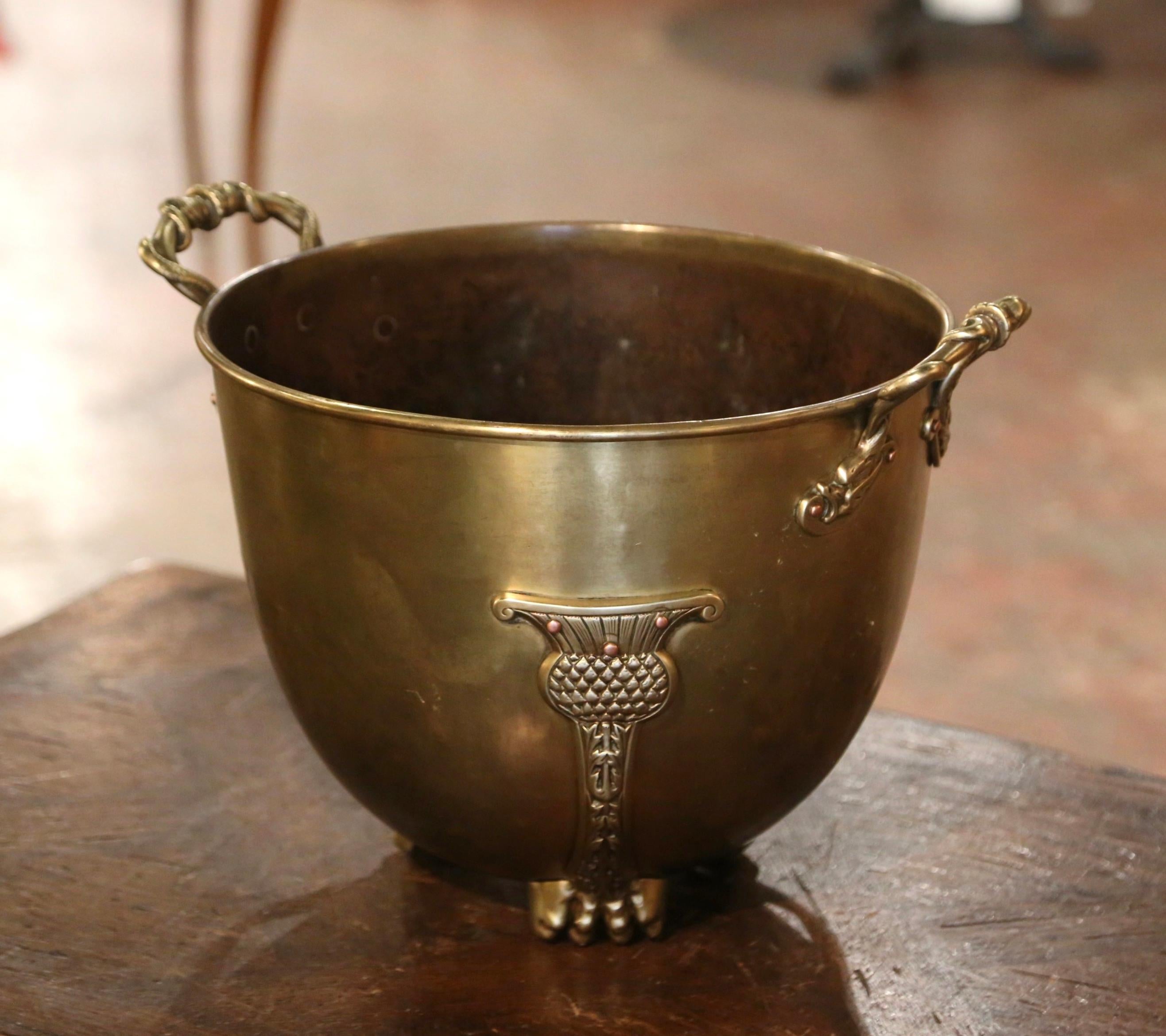 19th Century French Patinated Brass Cache Pot Planter with Handles In Excellent Condition For Sale In Dallas, TX