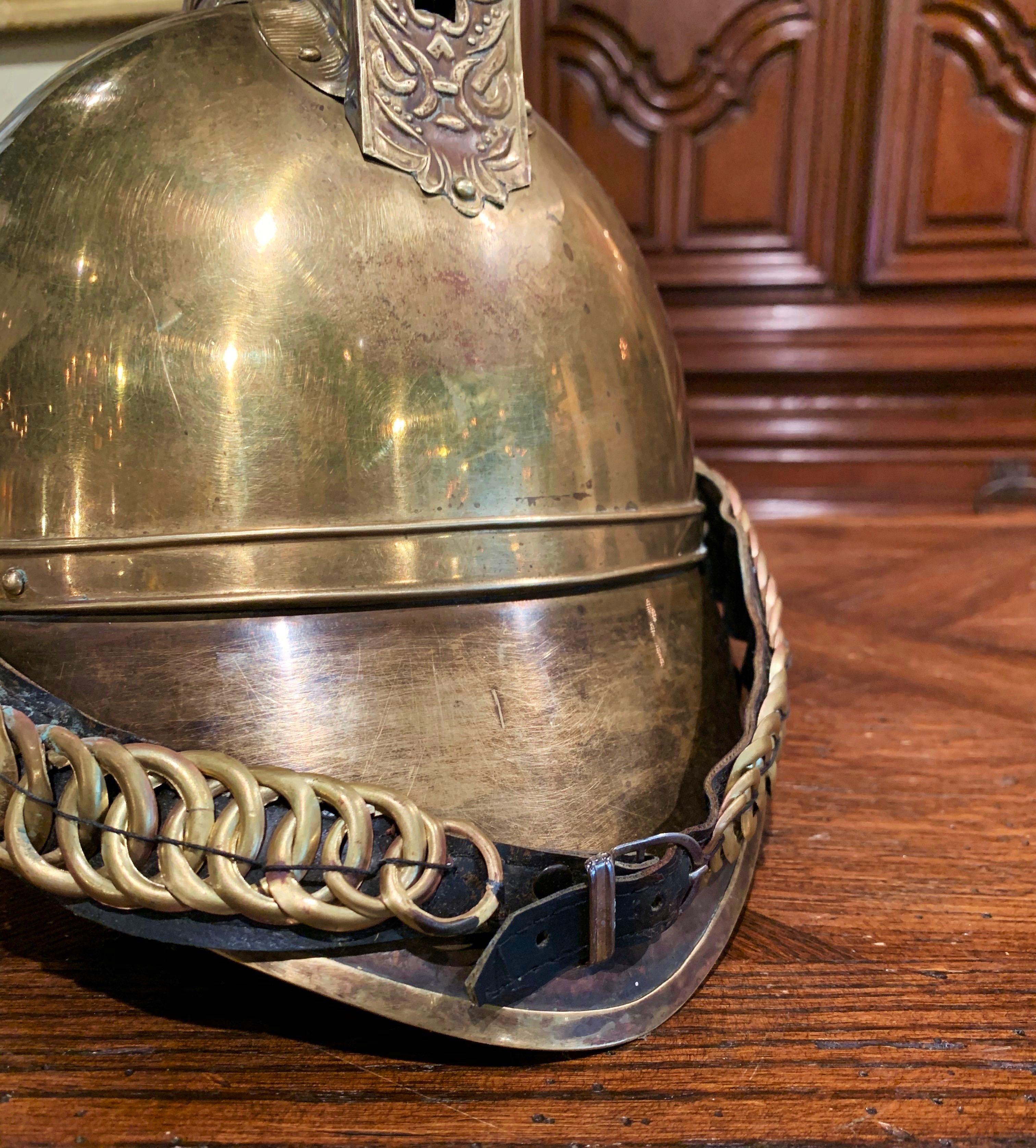 Hand-Crafted 19th Century French Patinated Brass Fireman Helmet with Leather Straps