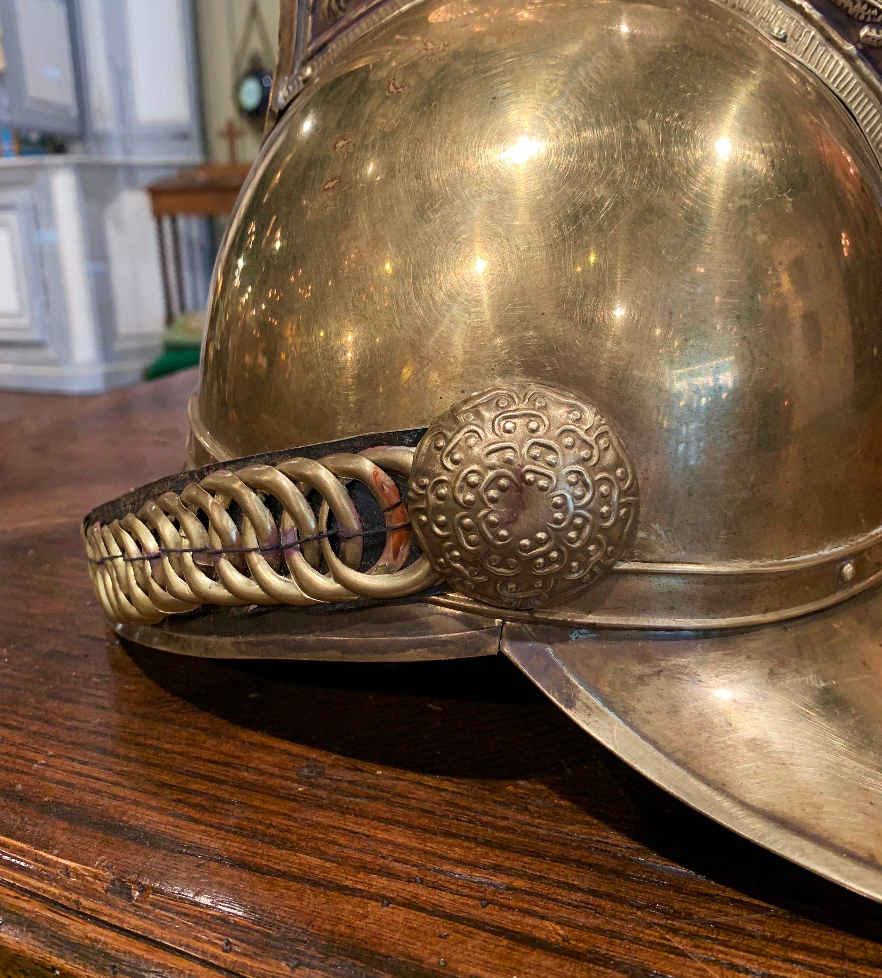 19th Century French Patinated Brass Fireman Helmet with Leather Straps In Excellent Condition In Dallas, TX