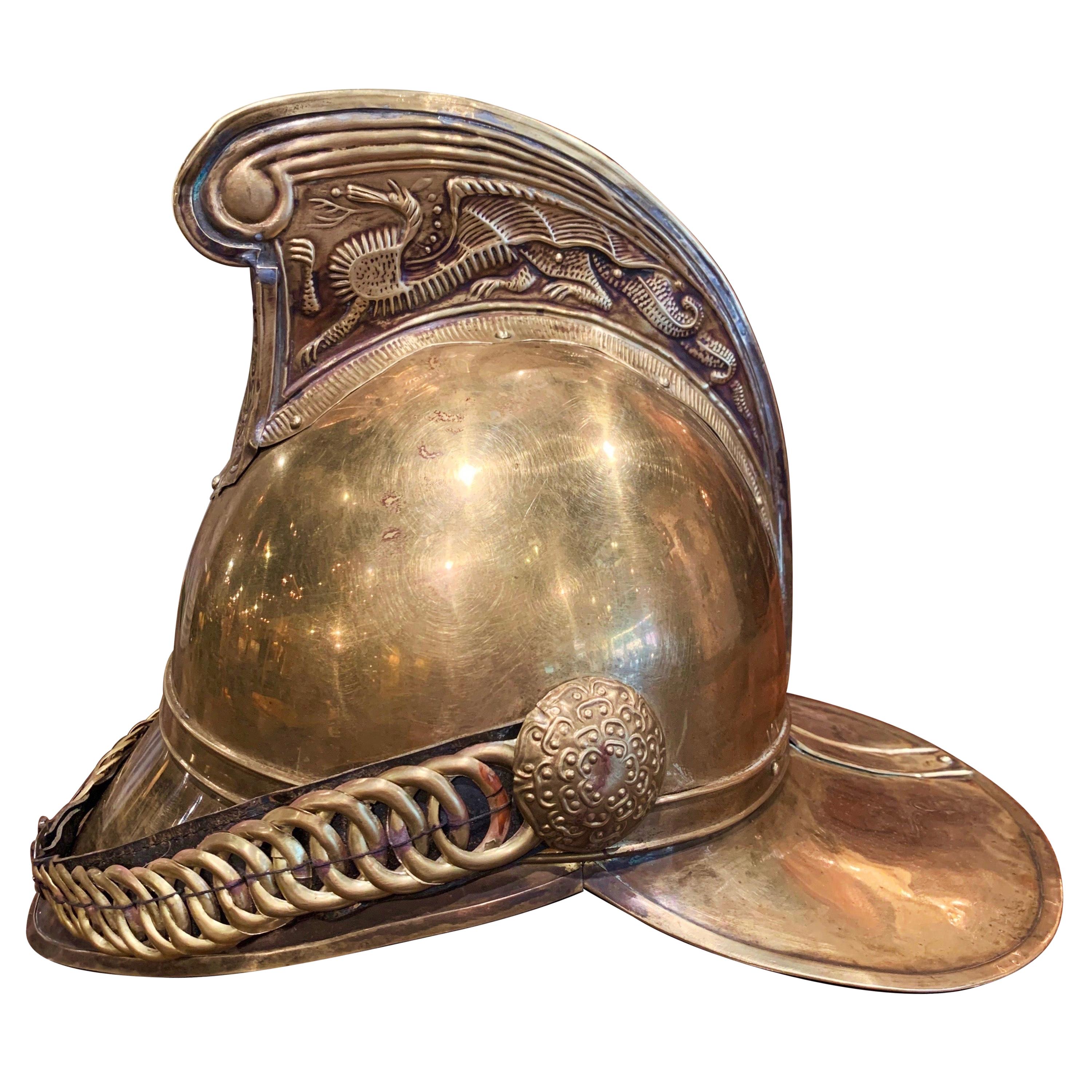 19th Century French Patinated Brass Fireman Helmet with Leather Straps